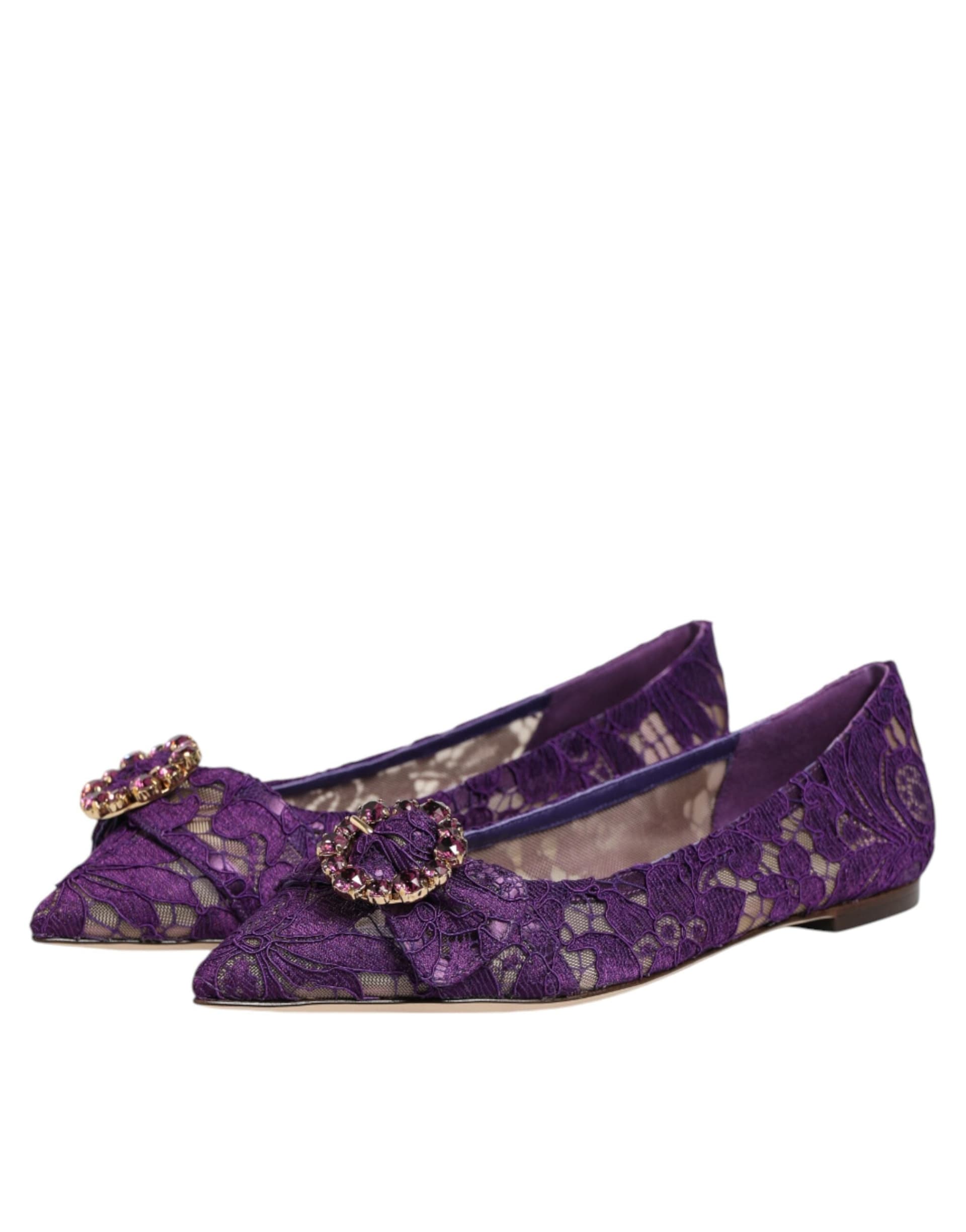 Dolce & Gabbana Purple Taormina Lace Crystals Flats Shoes - 3