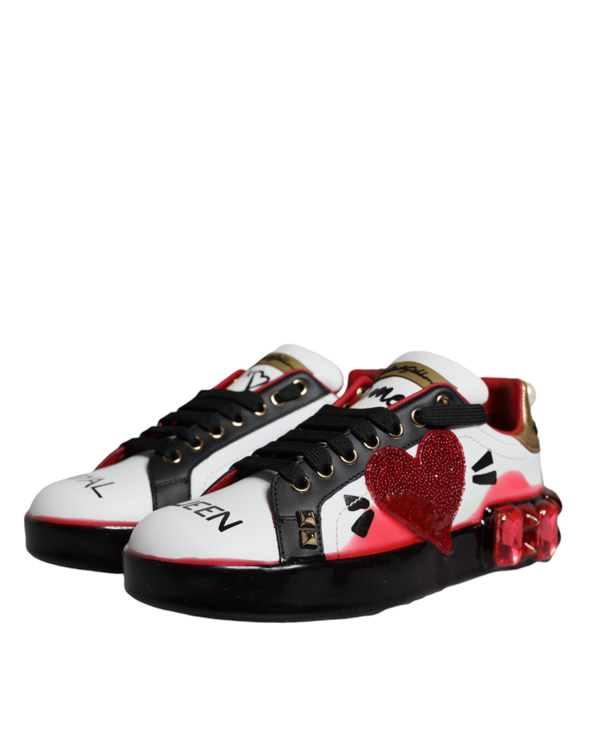 Dolce & Gabbana White Red Crystals Leather Portofino Sneakers Shoes - 2