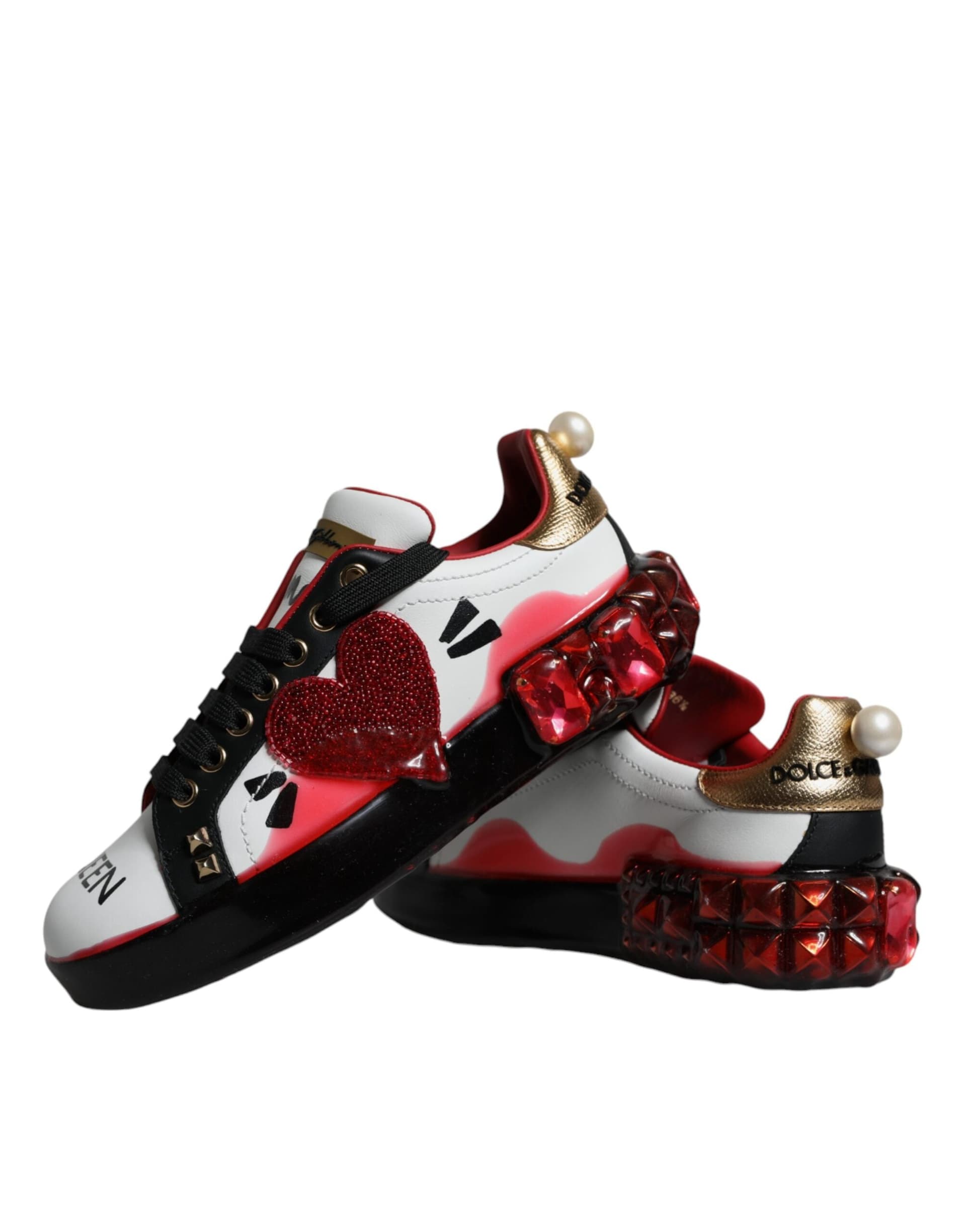 Dolce & Gabbana White Red Crystals Leather Portofino Sneakers Shoes - 6