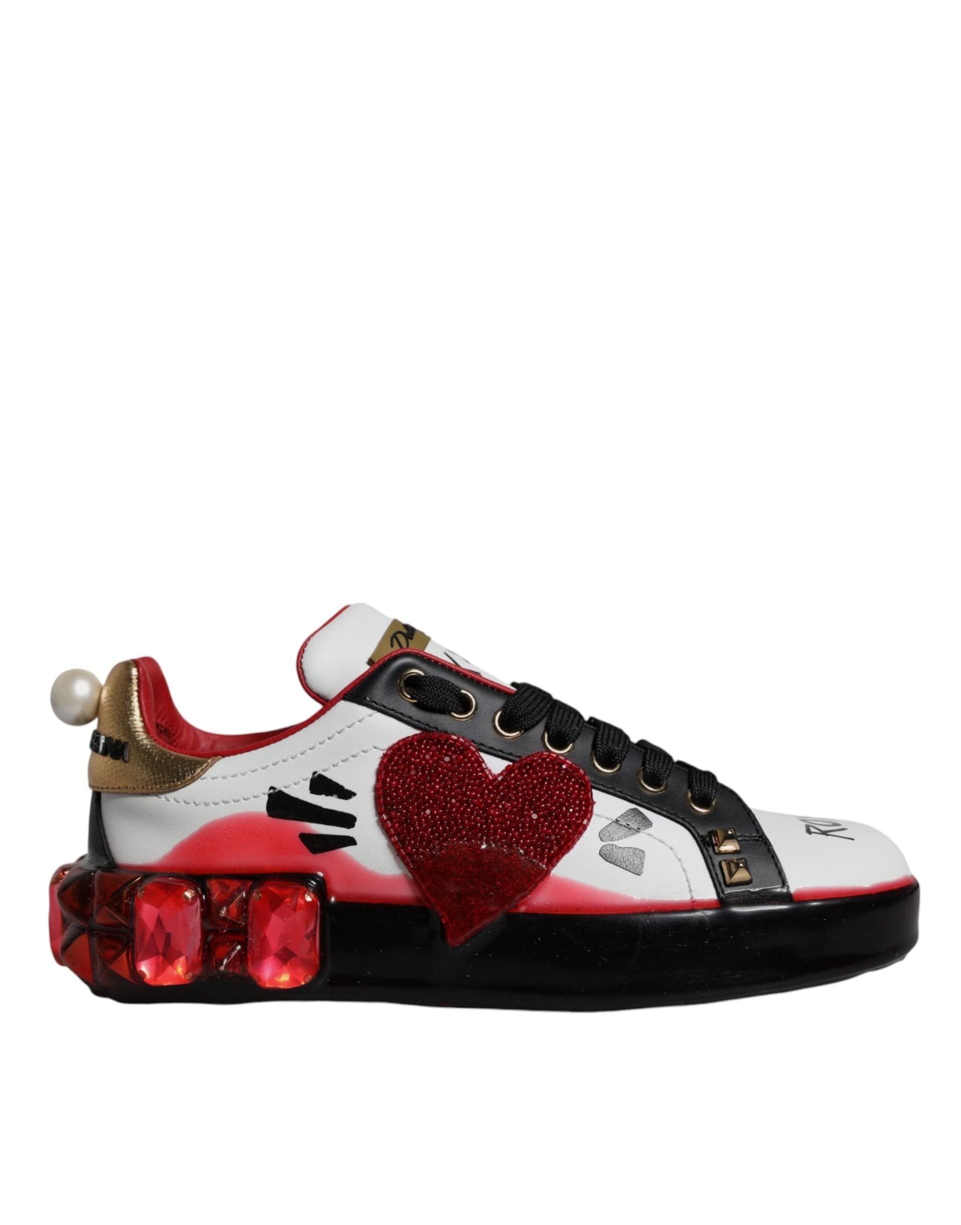 Dolce & Gabbana White Red Crystals Leather Portofino Sneakers Shoes - 8