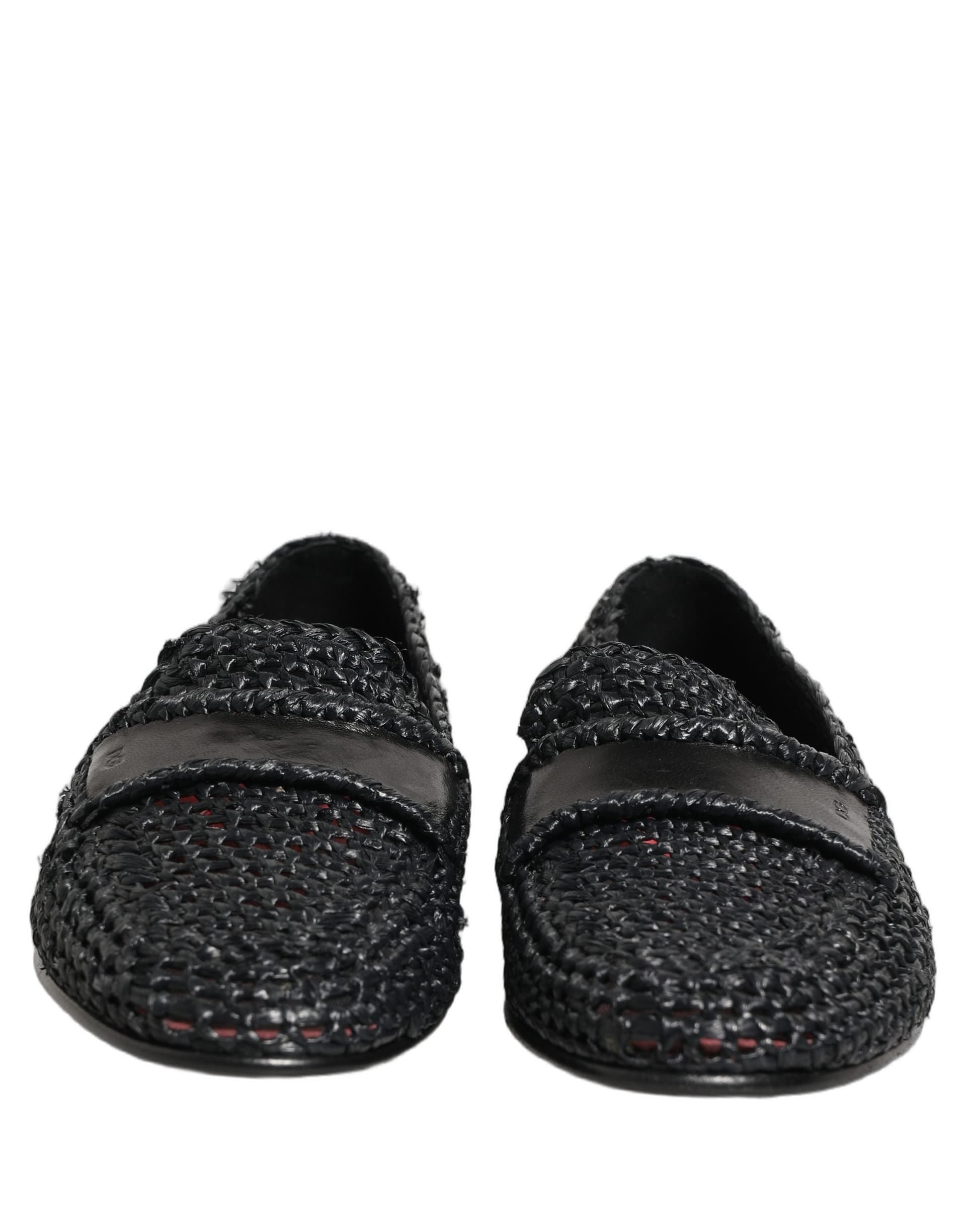 Dolce & Gabbana Black Woven Raffia Slip On Loafers Shoes - 2