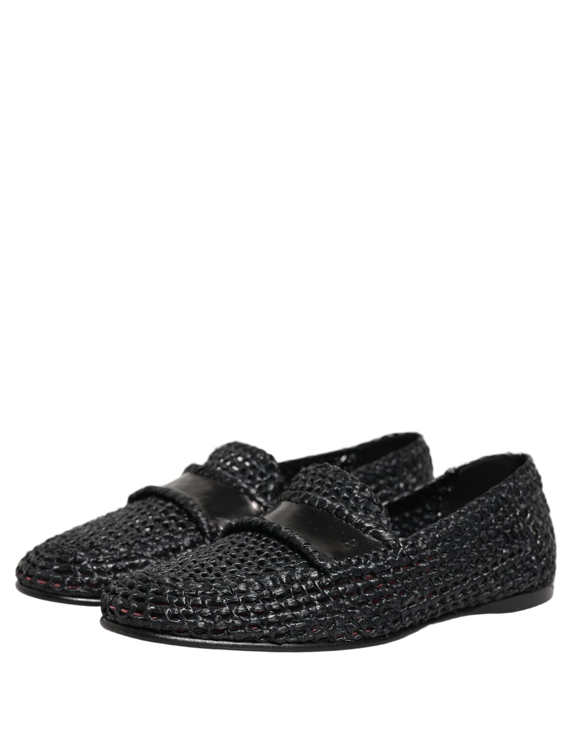 Dolce & Gabbana Black Woven Raffia Slip On Loafers Shoes - 4