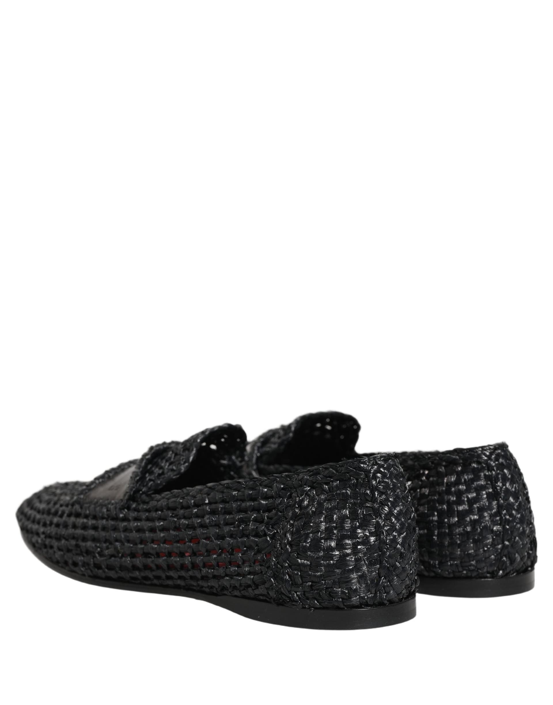 Dolce & Gabbana Black Woven Raffia Slip On Loafers Shoes - 5