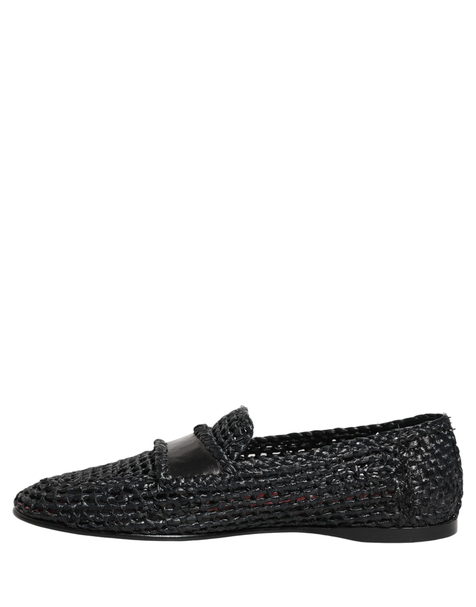 Dolce & Gabbana Black Woven Raffia Slip On Loafers Shoes - 6