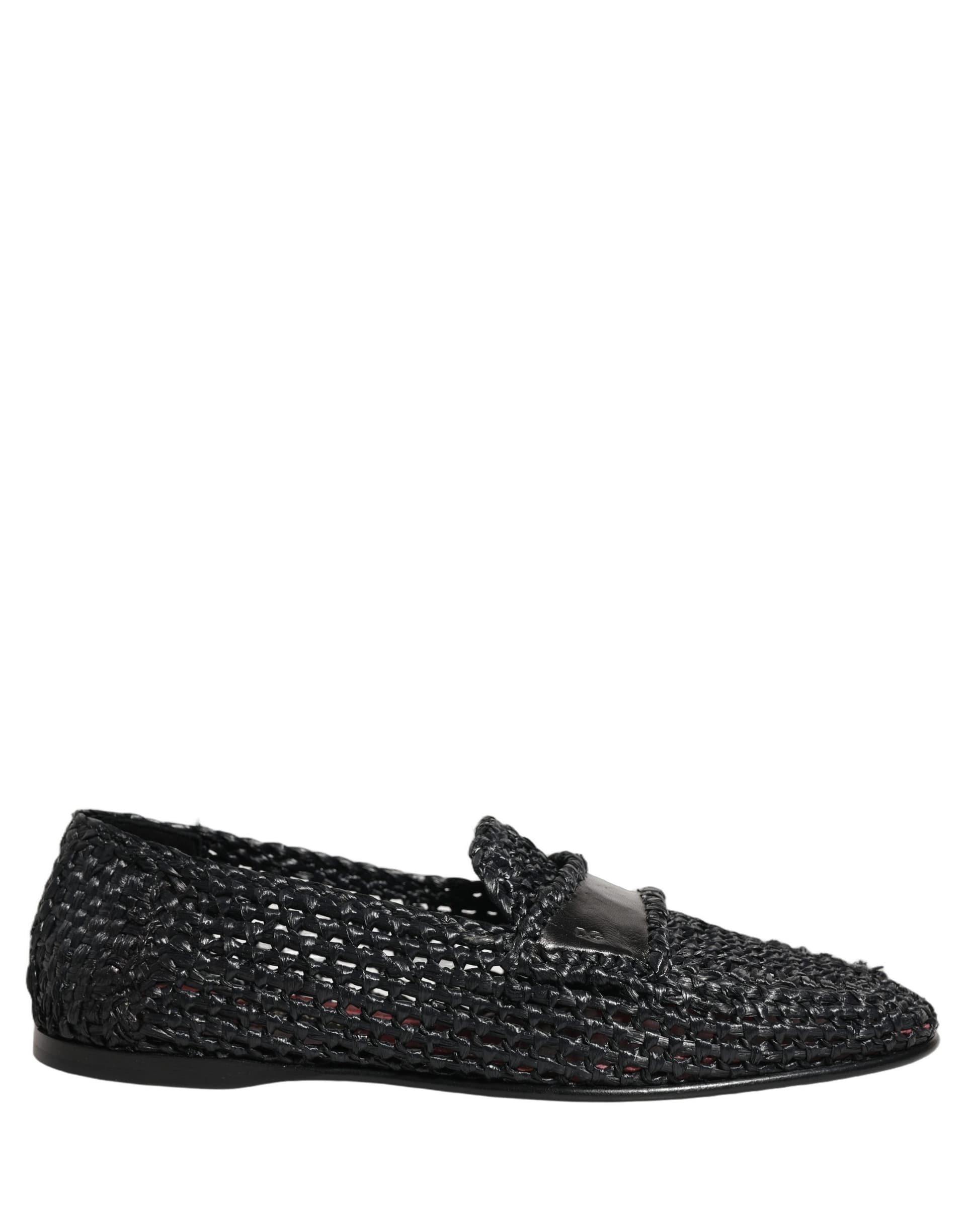 Dolce & Gabbana Black Woven Raffia Slip On Loafers Shoes - 8