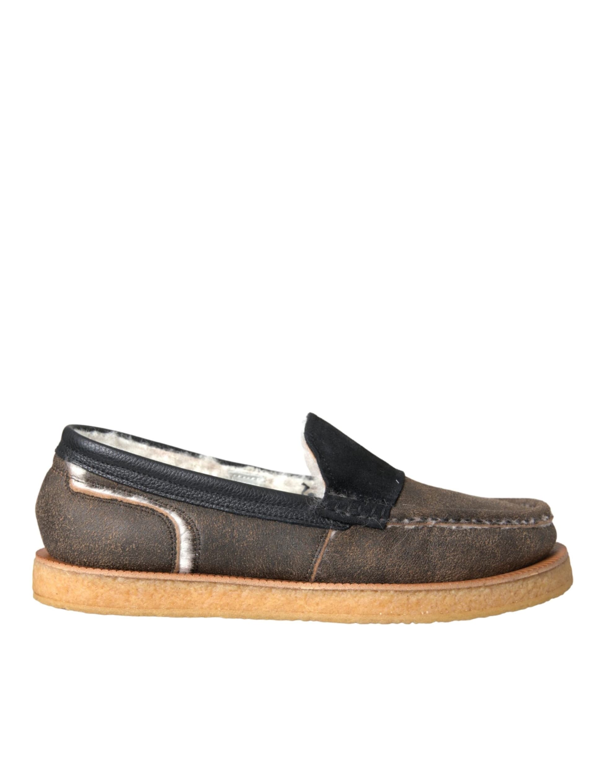 Dolce & Gabbana Brown Black Fur Leather Loafers Men Shoes - 5
