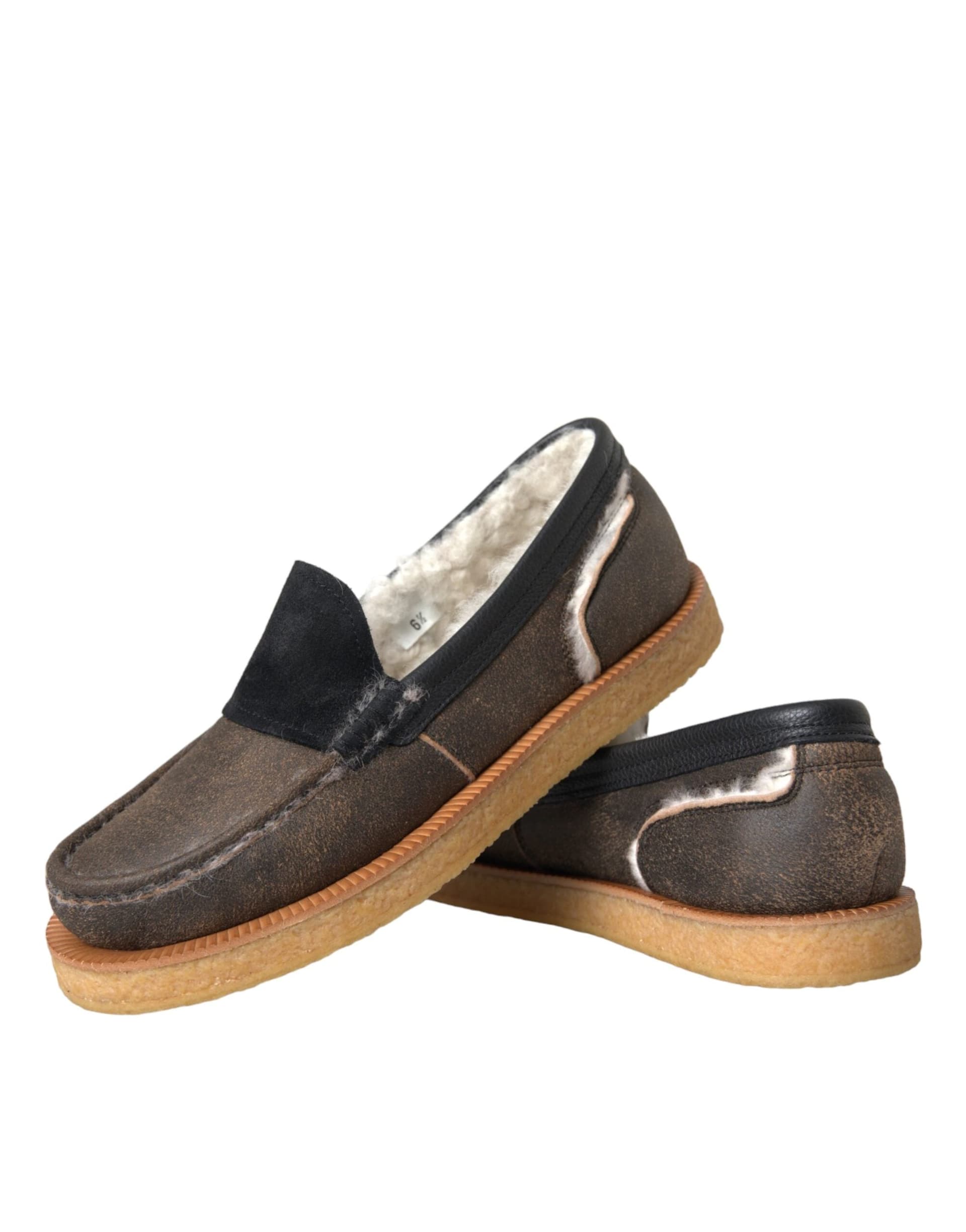 Dolce & Gabbana Brown Black Fur Leather Loafers Men Shoes - 7