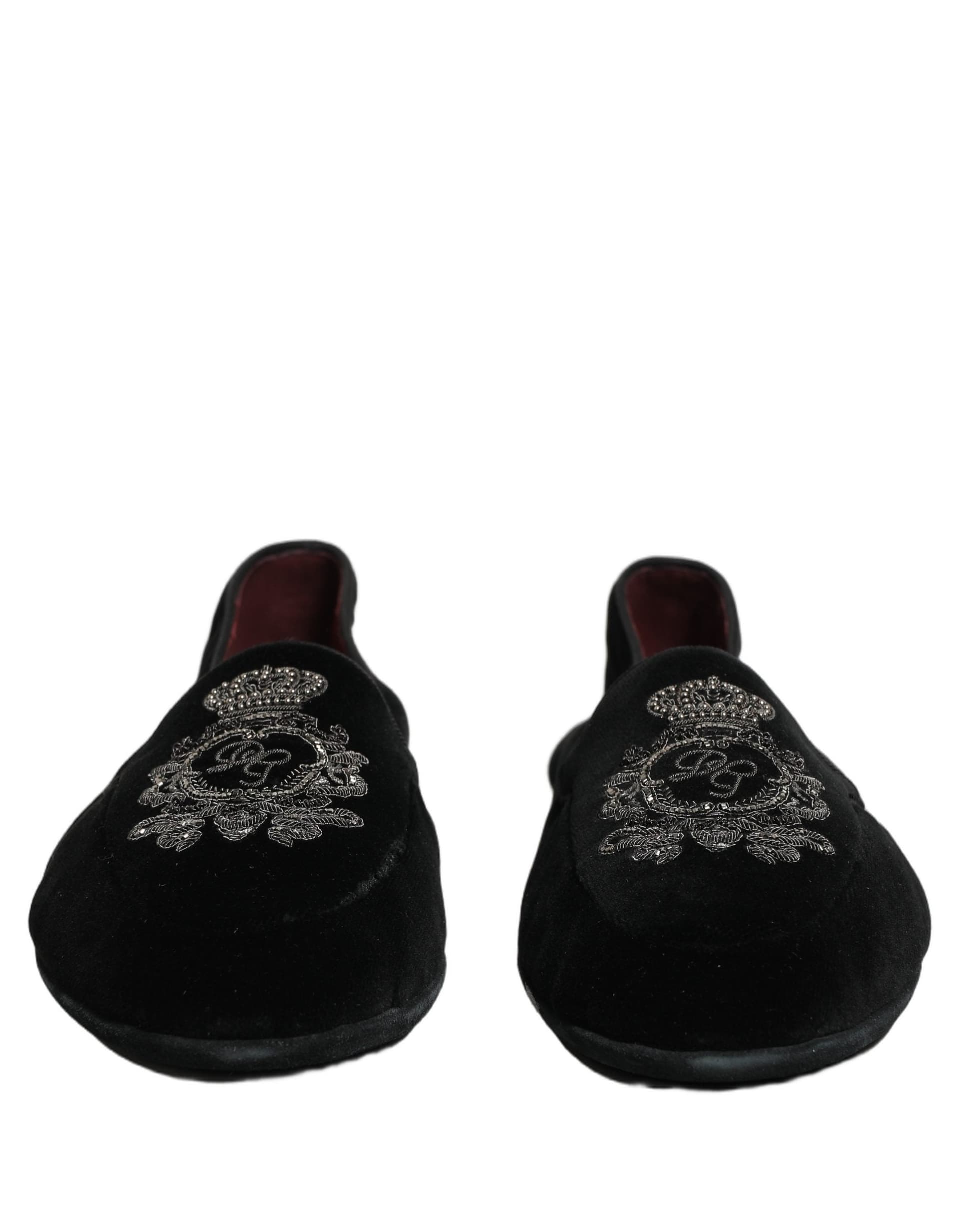 Dolce & Gabbana Black Velvet Crown Embroidery Loafers Shoes - 3