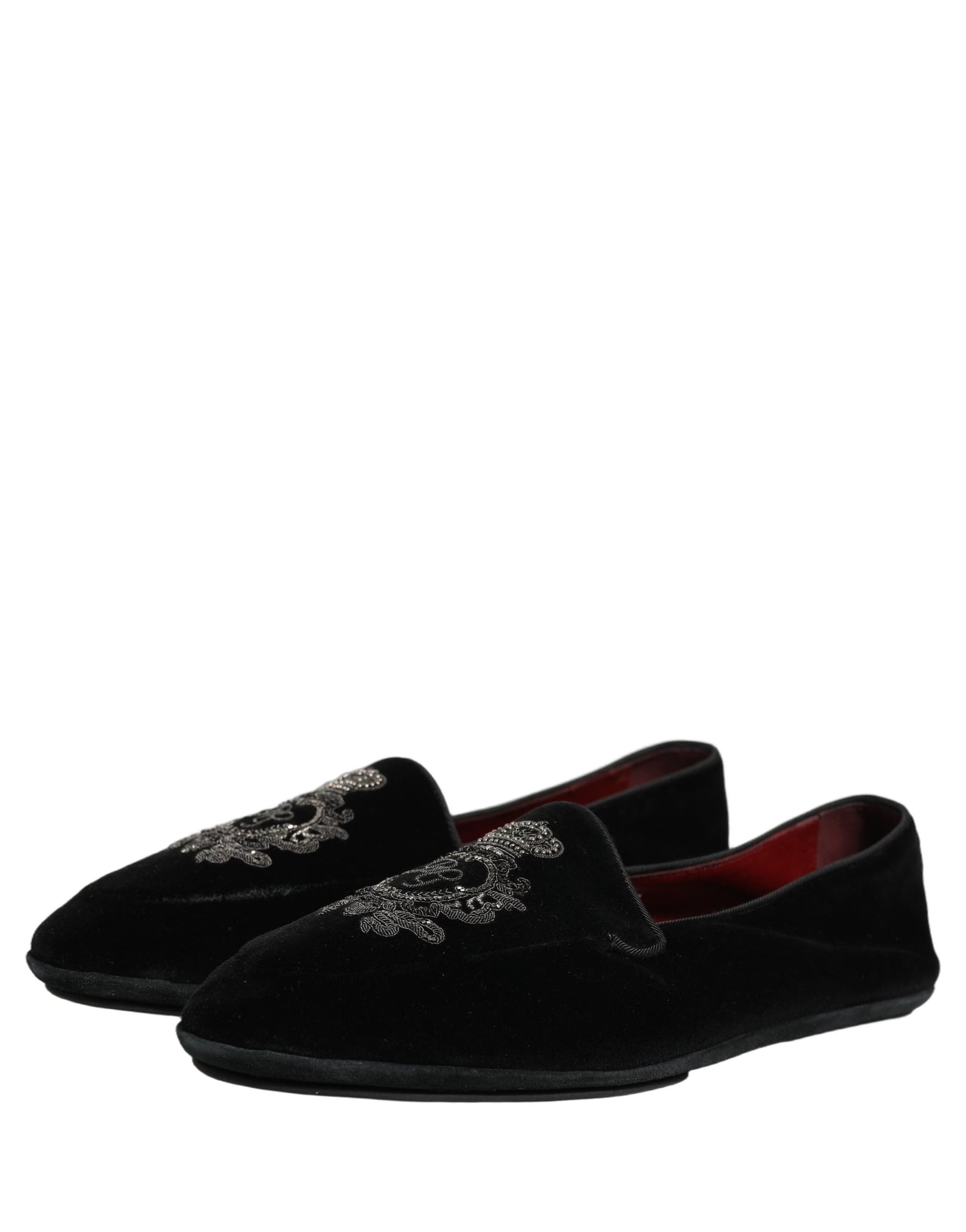 Dolce & Gabbana Black Velvet Crown Embroidery Loafers Shoes - 4
