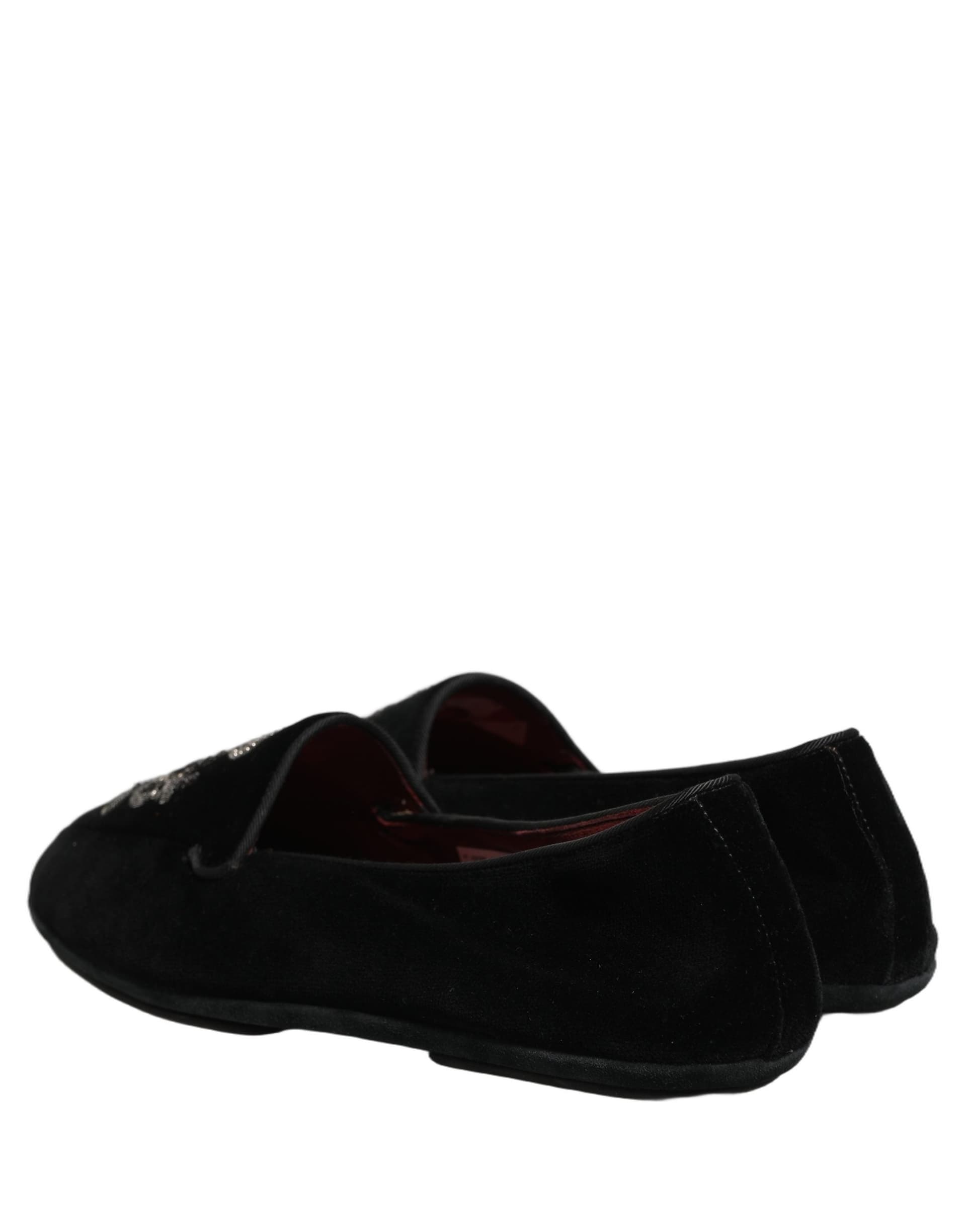Dolce & Gabbana Black Velvet Crown Embroidery Loafers Shoes - 5