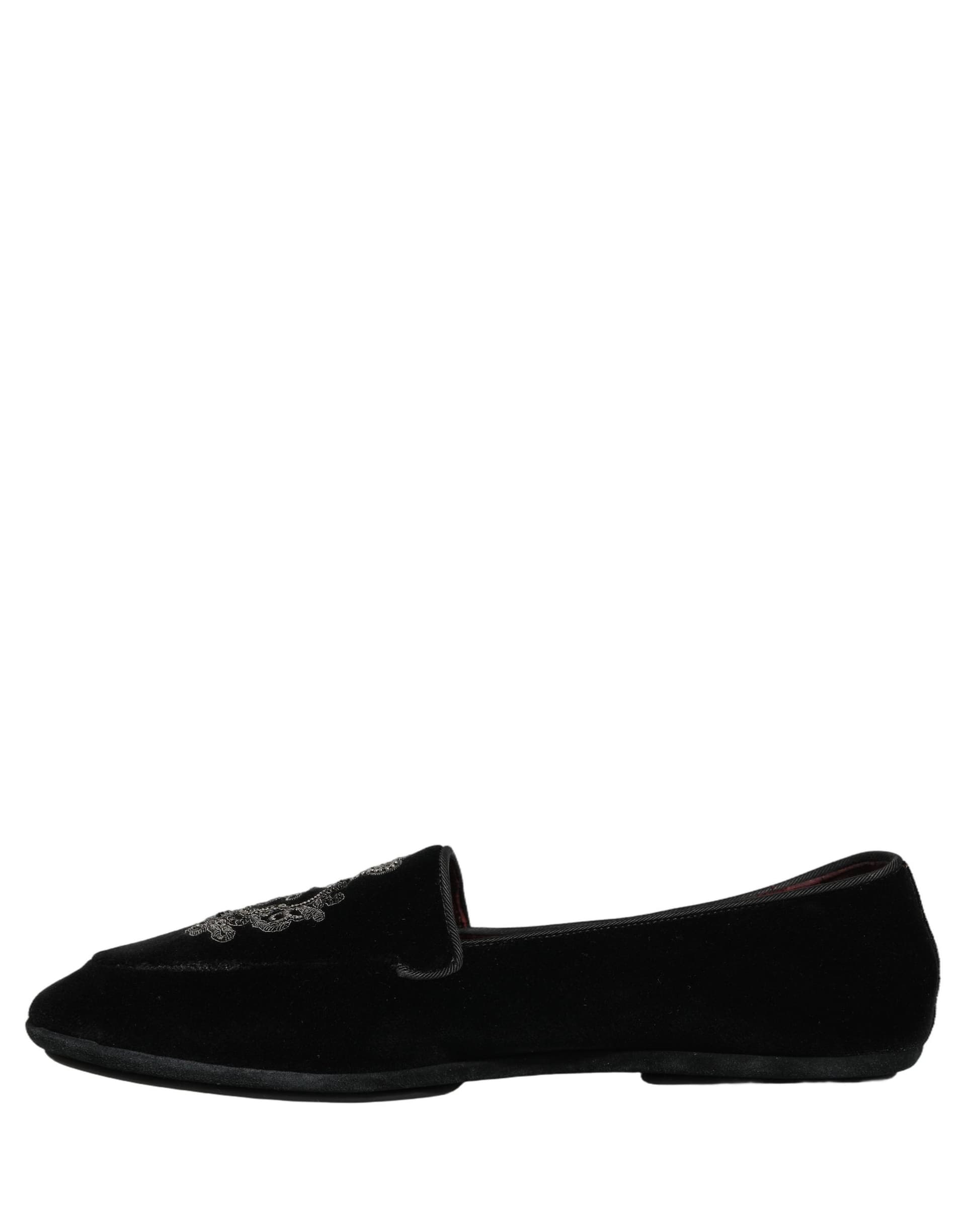 Dolce & Gabbana Black Velvet Crown Embroidery Loafers Shoes - 6