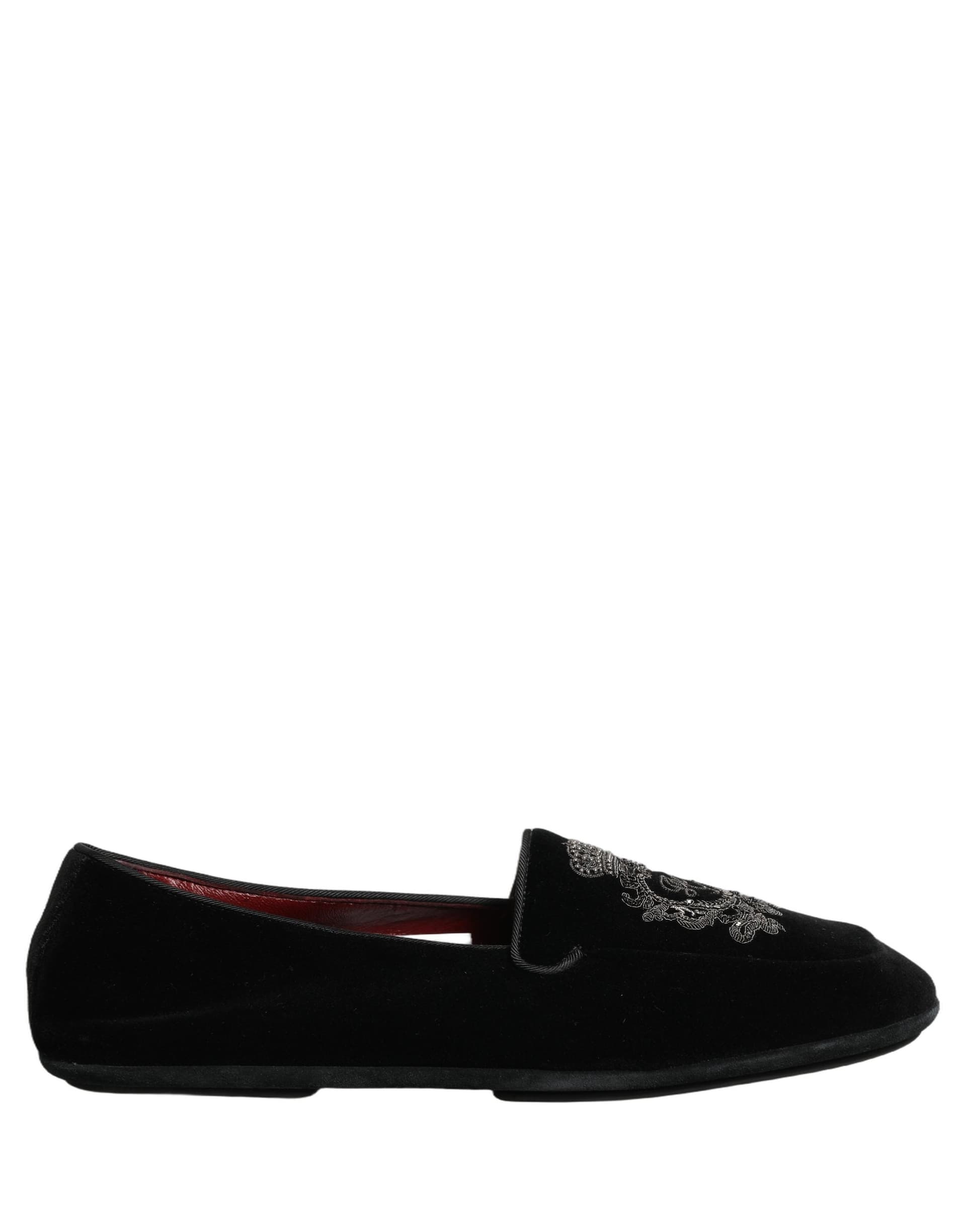 Dolce & Gabbana Black Velvet Crown Embroidery Loafers Shoes - 8