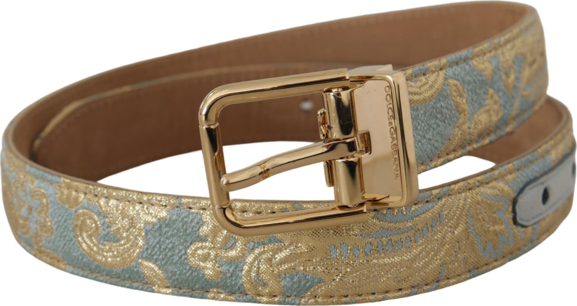Dolce & Gabbana Blue Leather Jacquard Embossed Gold Metal Buckle Belt - 2