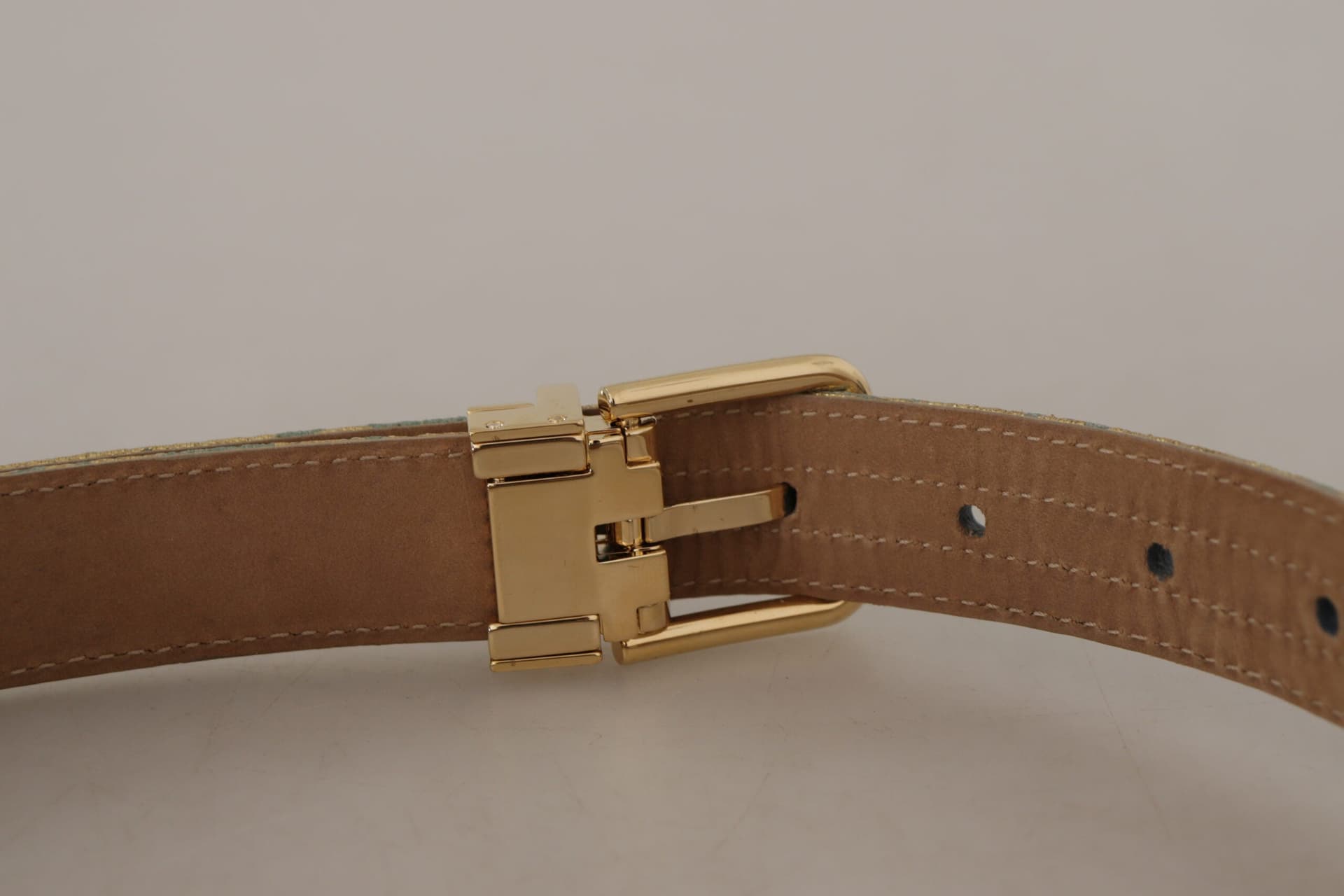 Dolce & Gabbana Blue Leather Jacquard Embossed Gold Metal Buckle Belt - 6