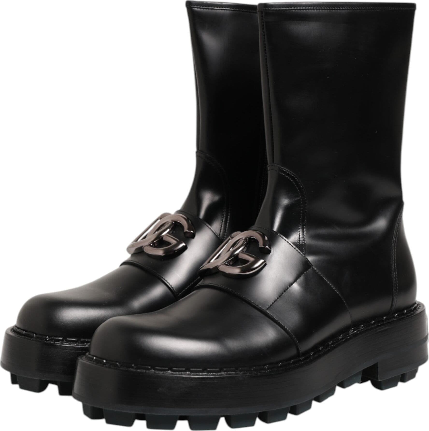 Dolce & Gabbana Black Logo Plaque Mid Calf Biker Boots Shoes - 3