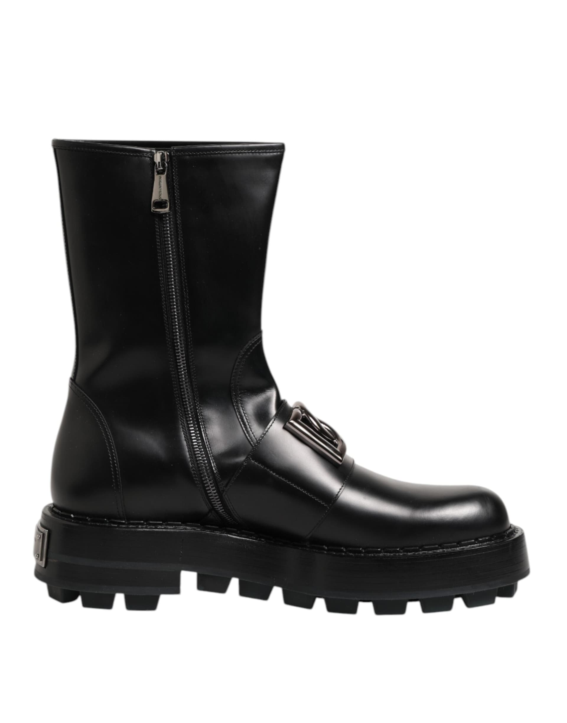Dolce & Gabbana Black Logo Plaque Mid Calf Biker Boots Shoes - 7