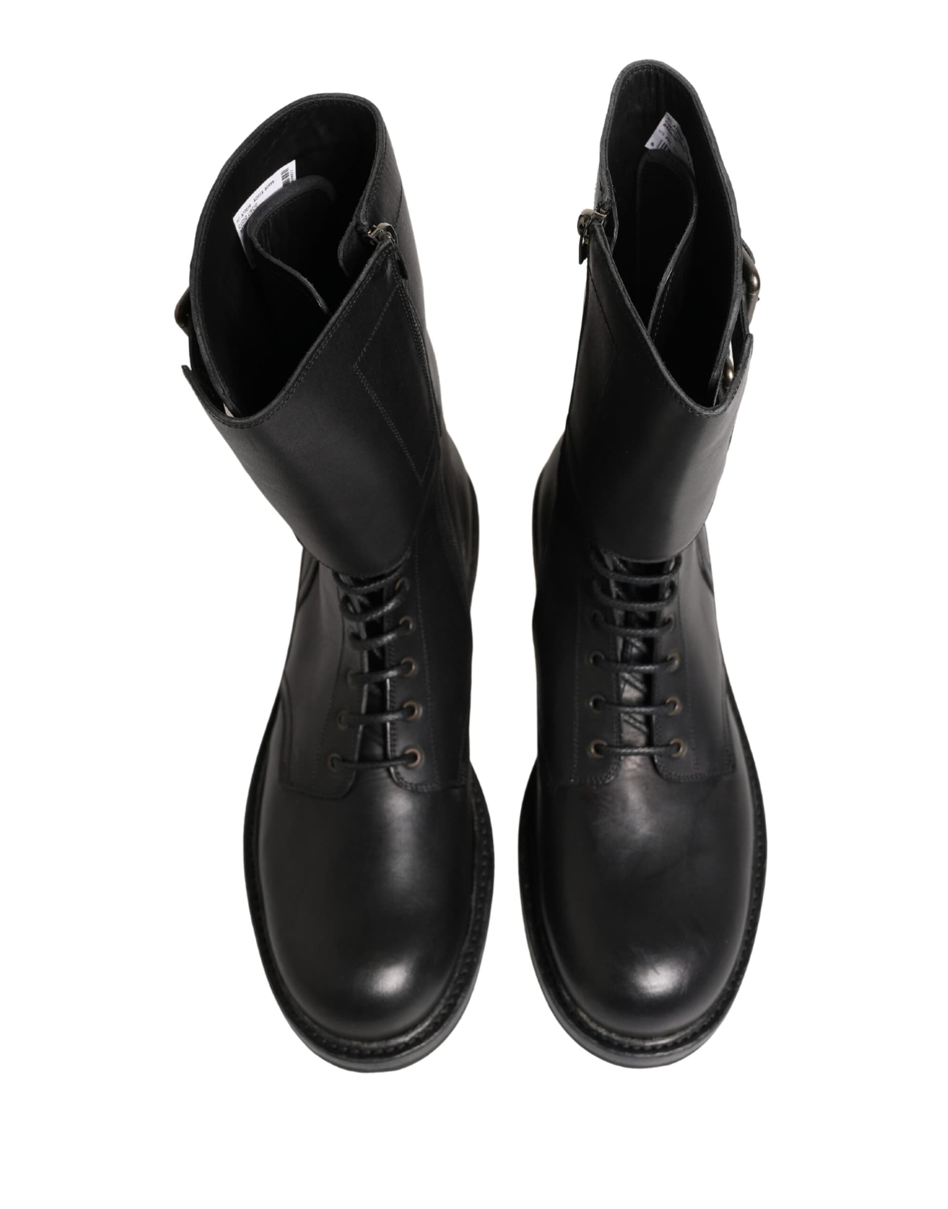 Dolce & Gabbana Black Leather Belted Buckle Combat Boots Shoes - 2