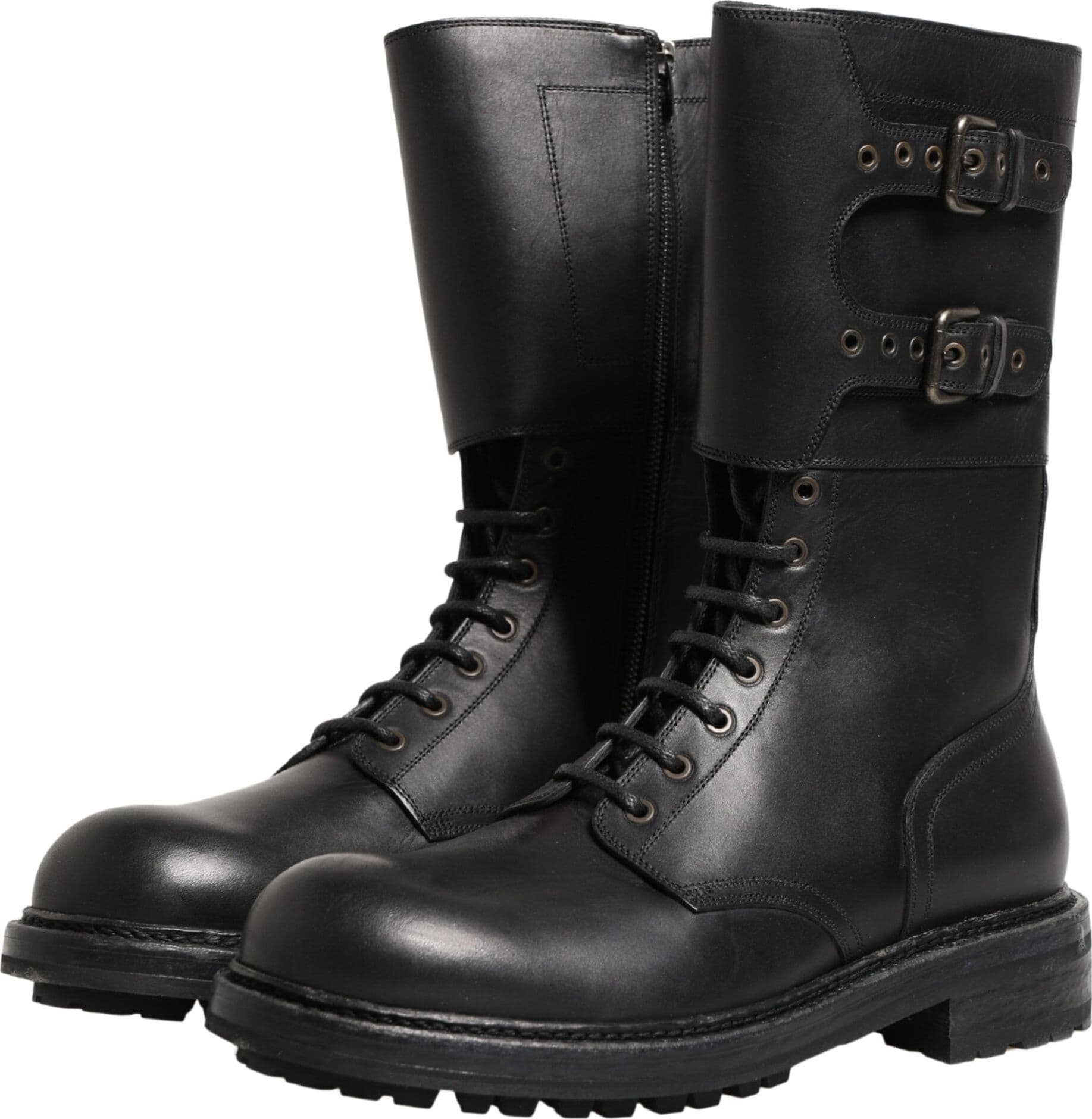 Dolce & Gabbana Black Leather Belted Buckle Combat Boots Shoes - 3