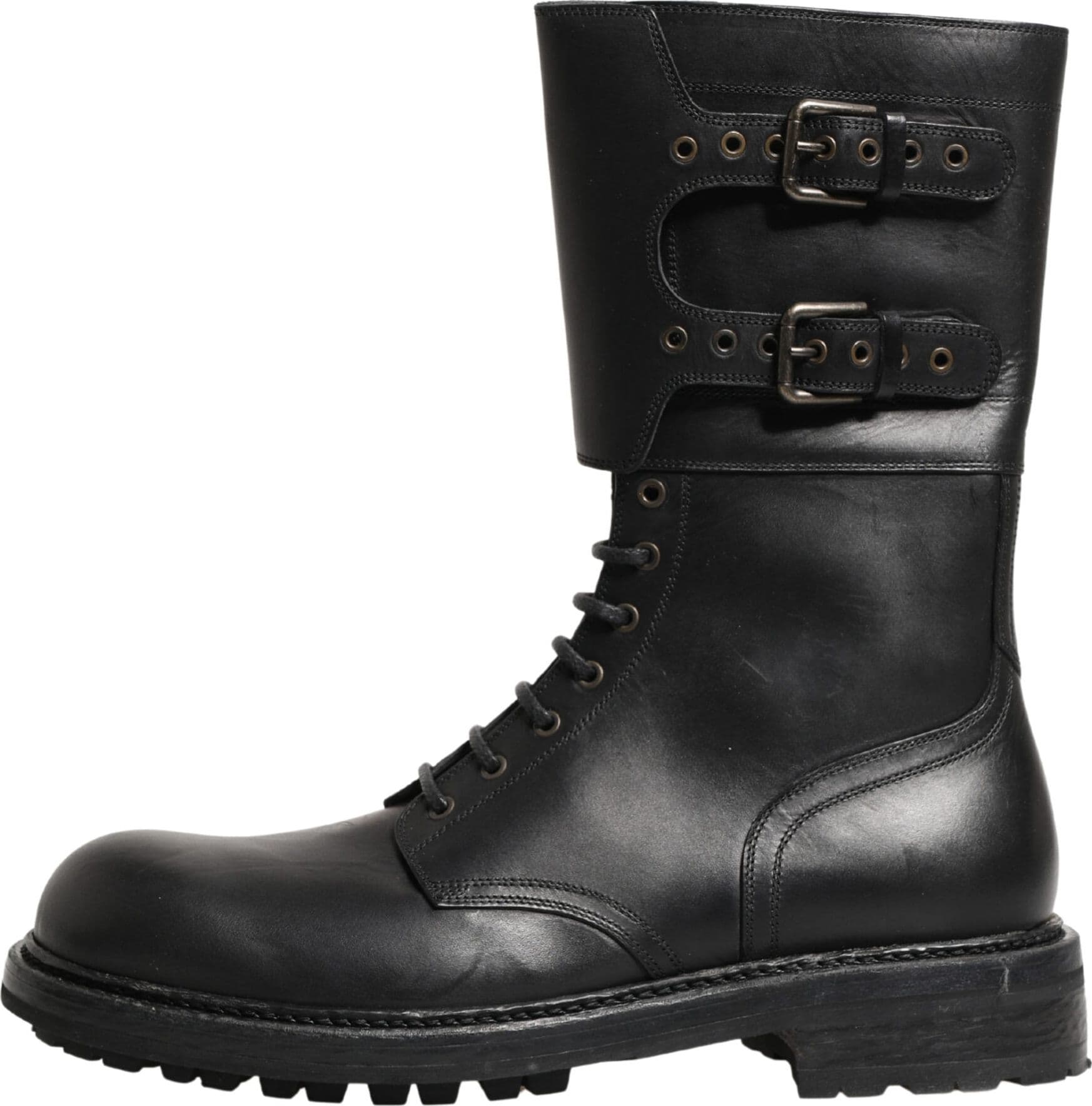 Dolce & Gabbana Black Leather Belted Buckle Combat Boots Shoes - 5