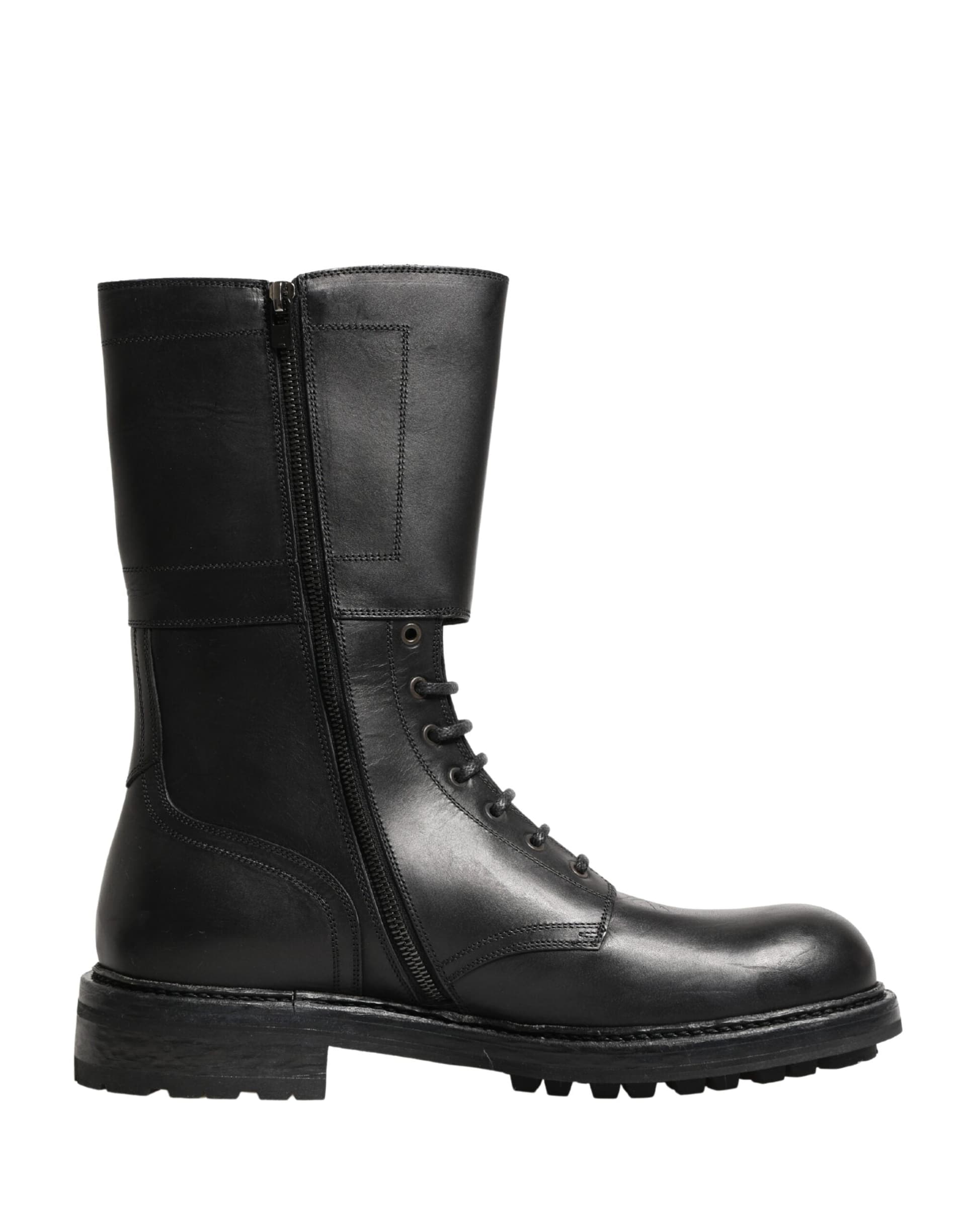 Dolce & Gabbana Black Leather Belted Buckle Combat Boots Shoes - 7