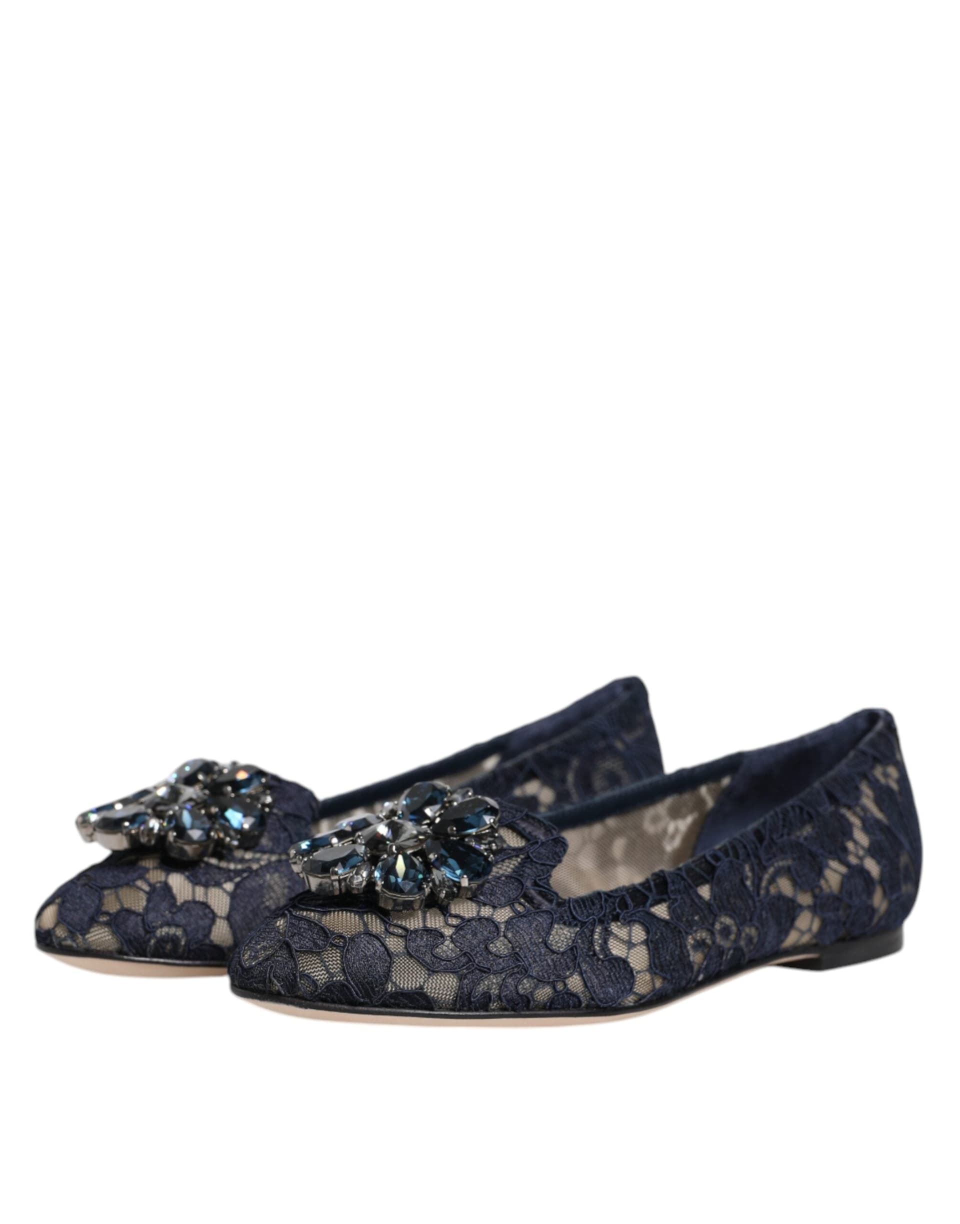 Dolce & Gabbana Blue Taormina Lace Crystals Flats Shoes - 3