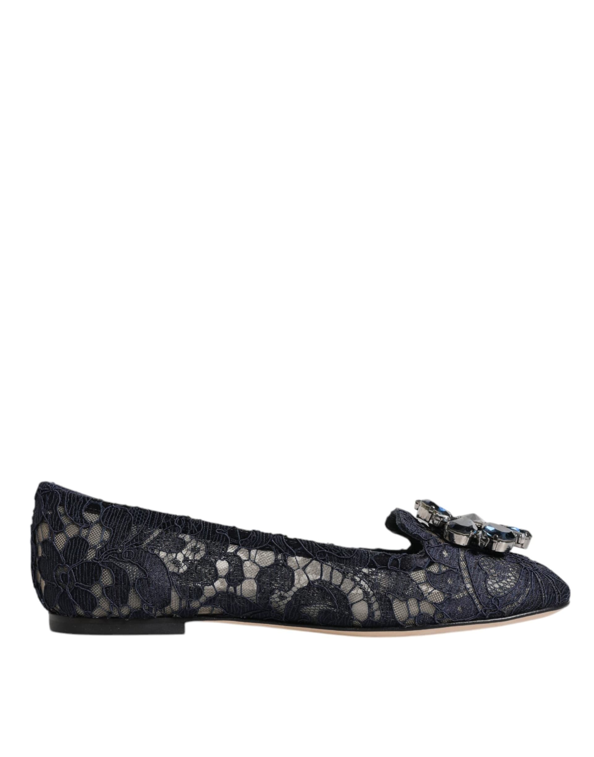 Dolce & Gabbana Blue Taormina Lace Crystals Flats Shoes - 6