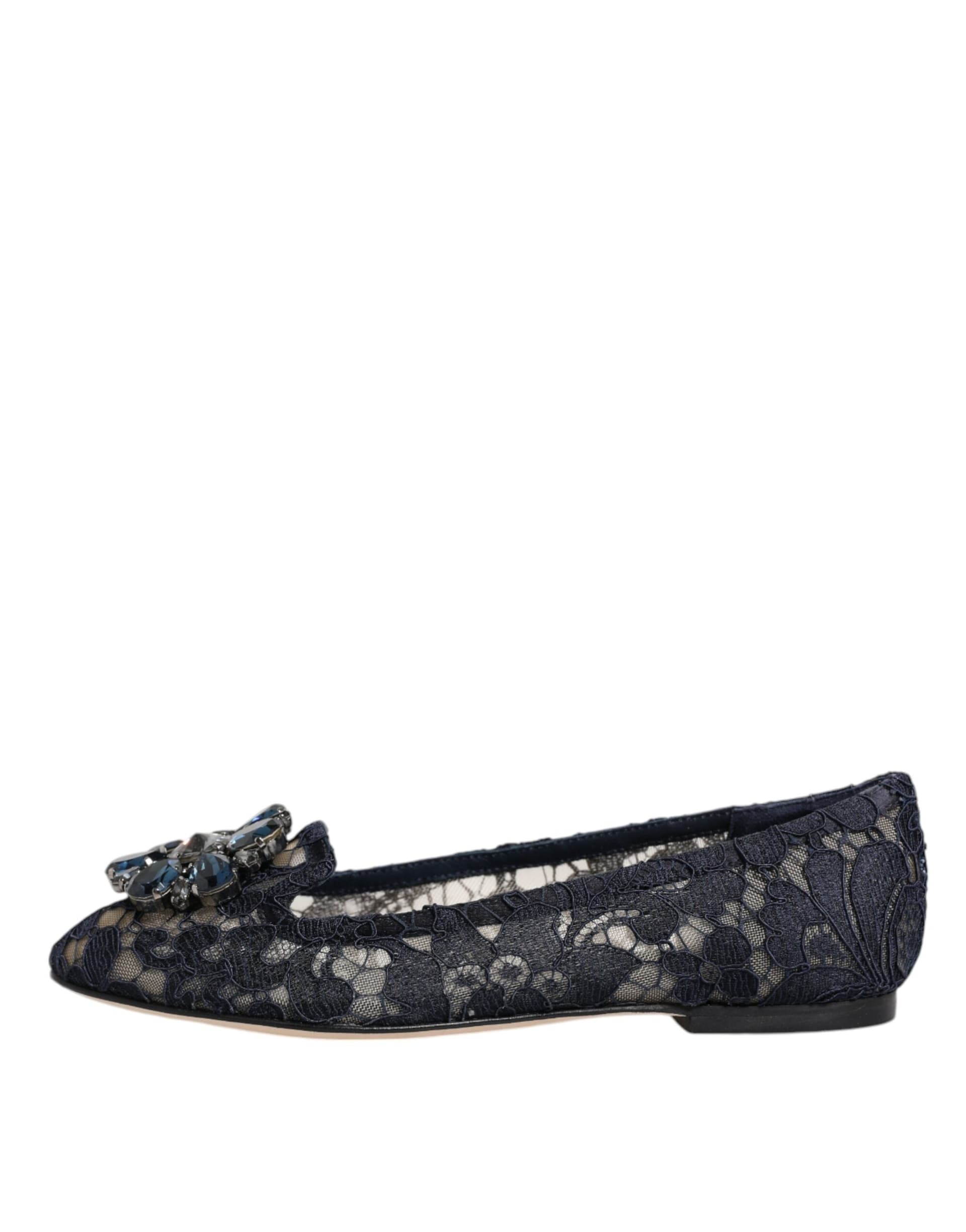 Dolce & Gabbana Blue Taormina Lace Crystals Flats Shoes - 8