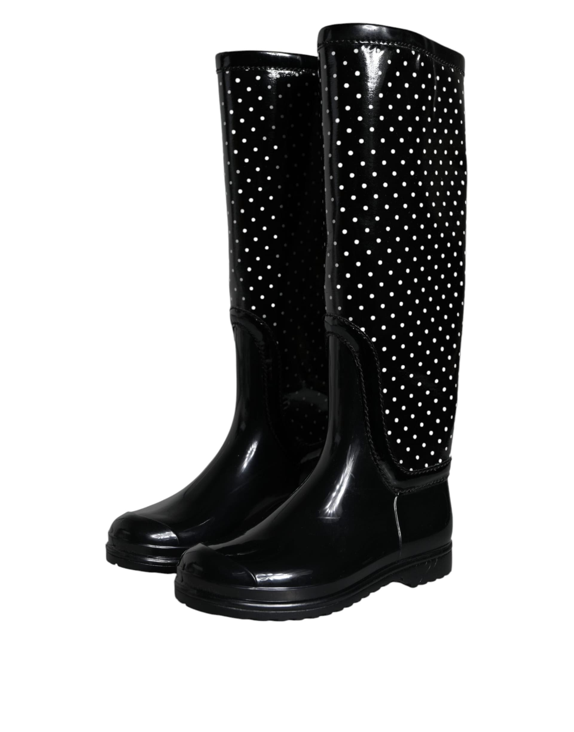 Dolce & Gabbana Black Polka Dot Rubber Knee High Boots Shoes - 2