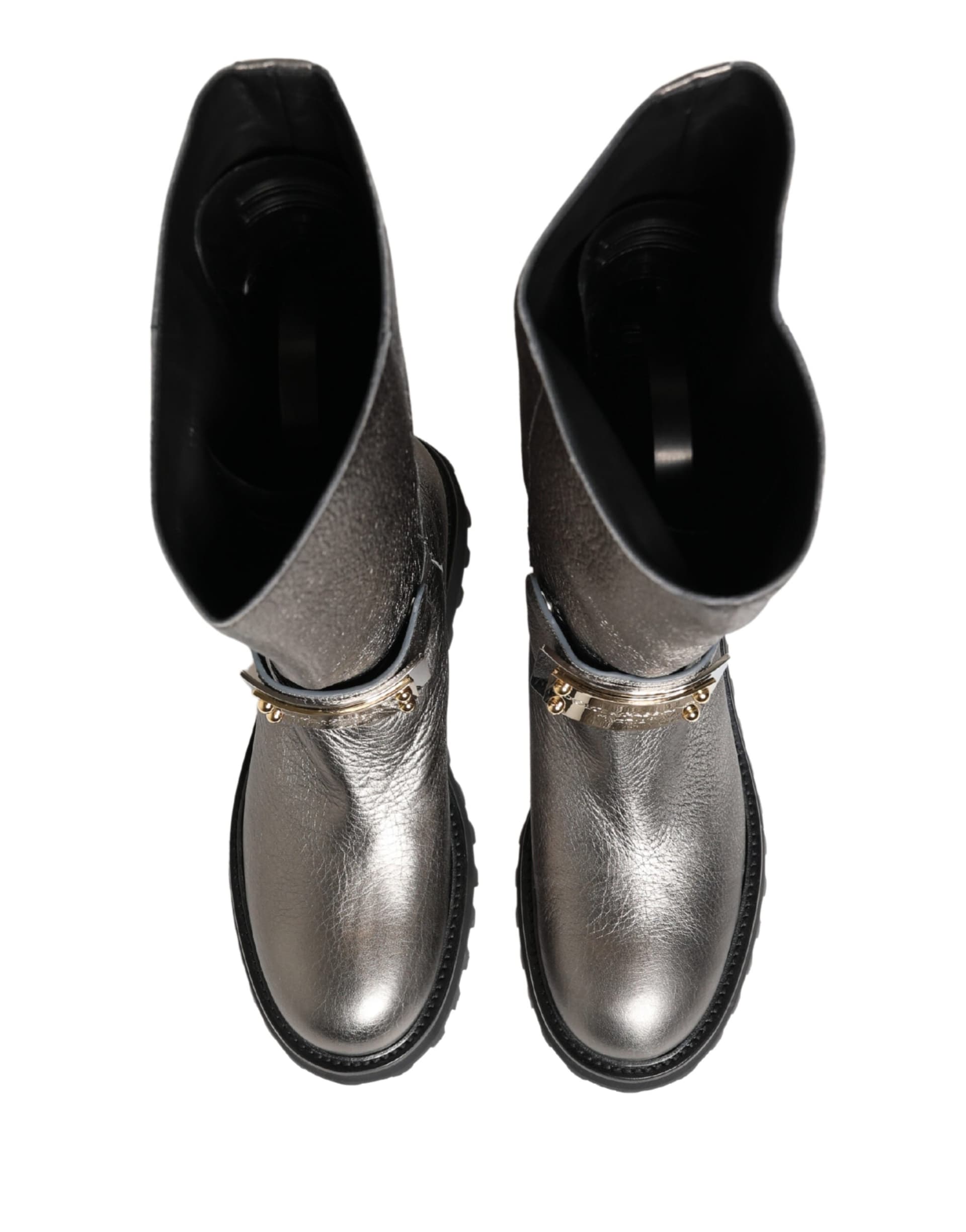 Dolce & Gabbana Metallic Silver Leather Mid Calf Boots Shoes - 2
