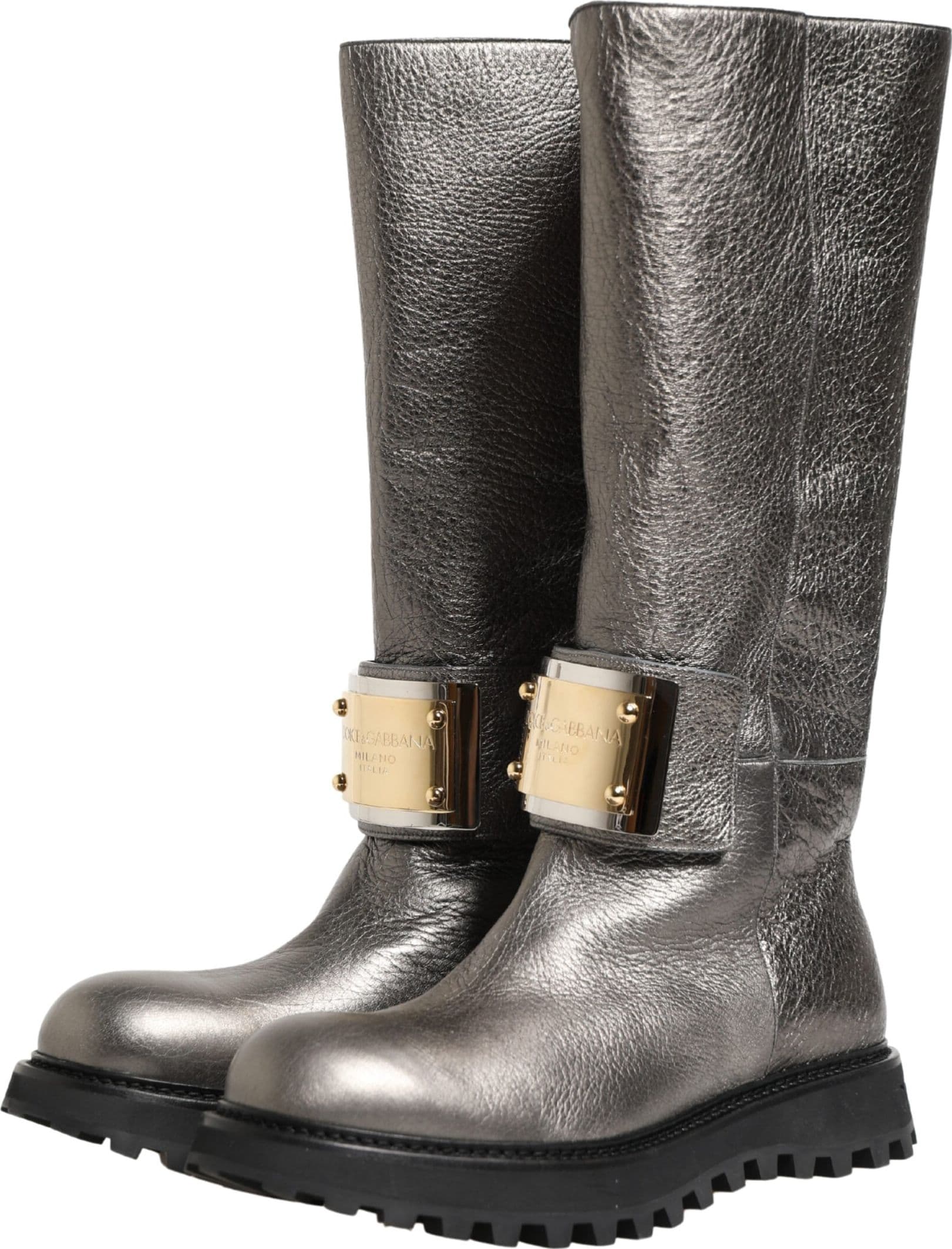 Dolce & Gabbana Metallic Silver Leather Mid Calf Boots Shoes - 3
