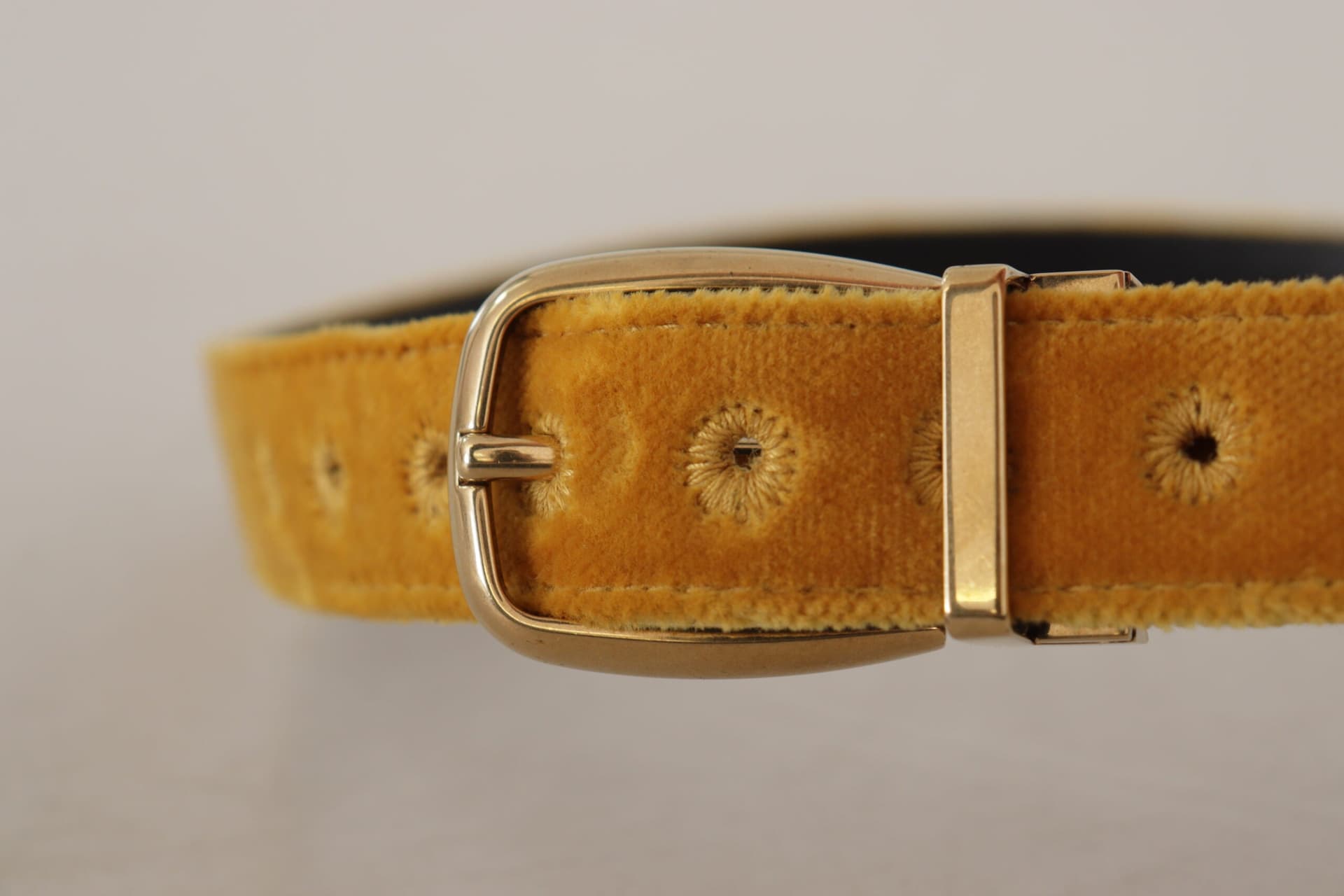 Dolce & Gabbana Mustard Velvet Gold Logo Engraved Metal Buckle Belt - 4