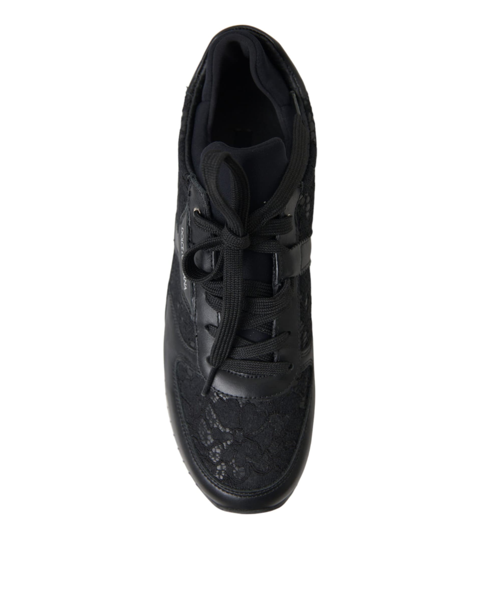 Dolce & Gabbana Black Floral Lace Leather Sneakers Shoes - 2