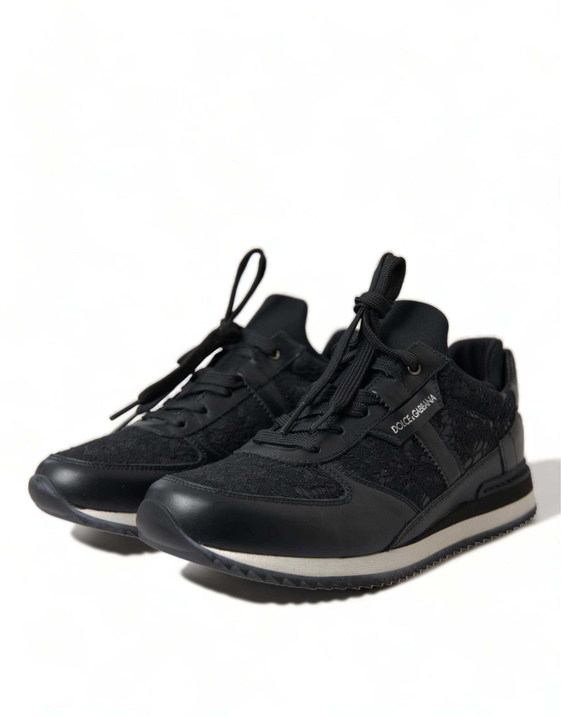 Dolce & Gabbana Black Floral Lace Leather Sneakers Shoes - 4