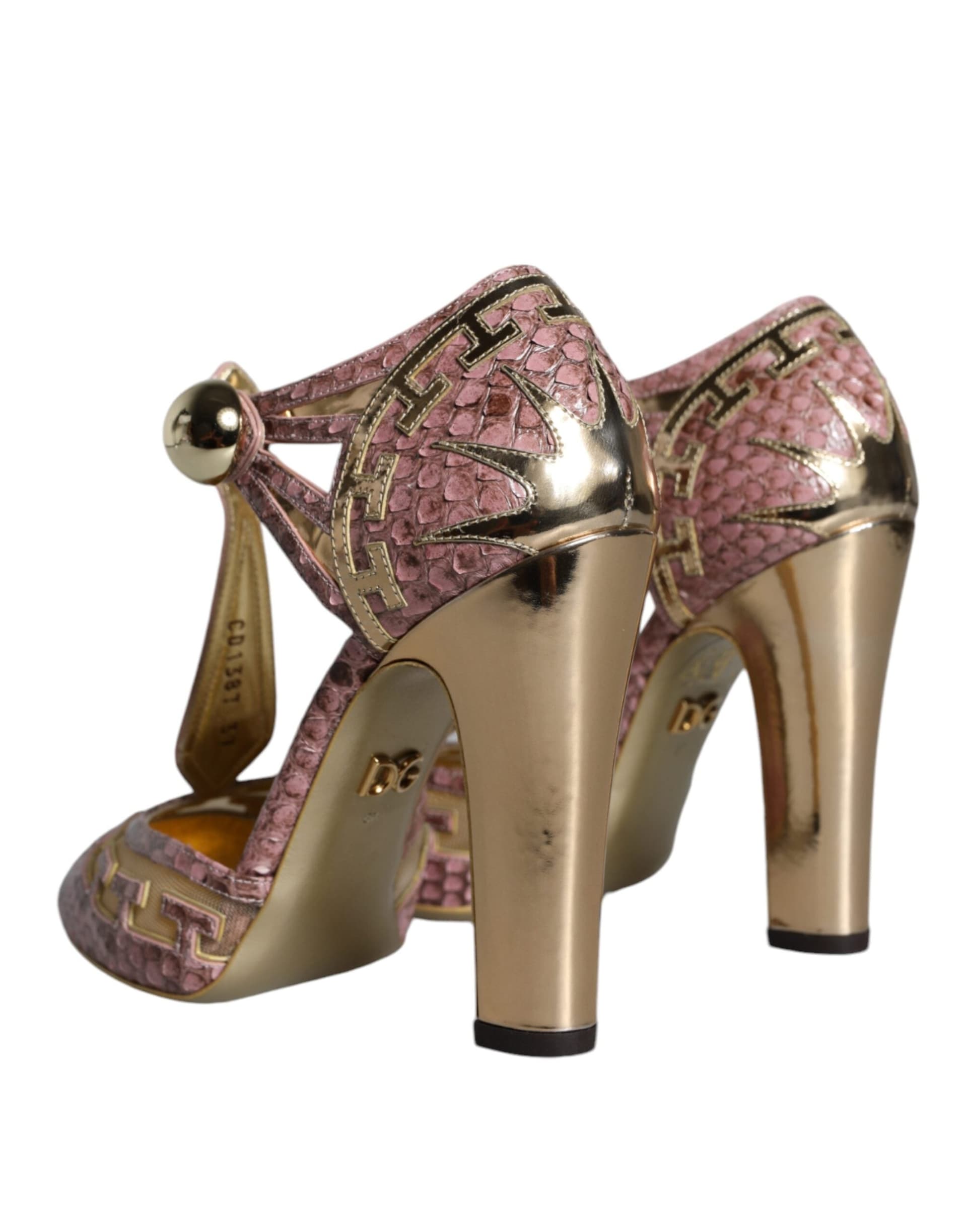 Dolce & Gabbana Pink Gold Leather Pumps T-strap Sandals Shoes - 3
