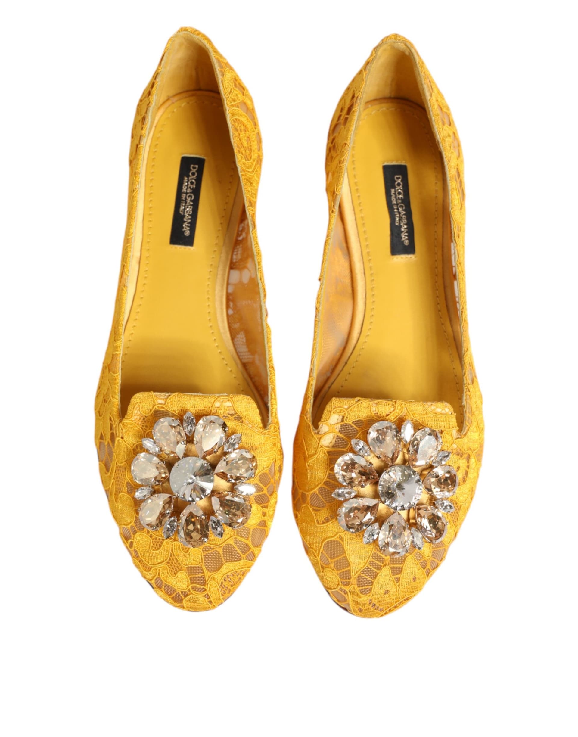 Dolce & Gabbana Yellow Taormina Lace Crystals Flats Shoes - 2