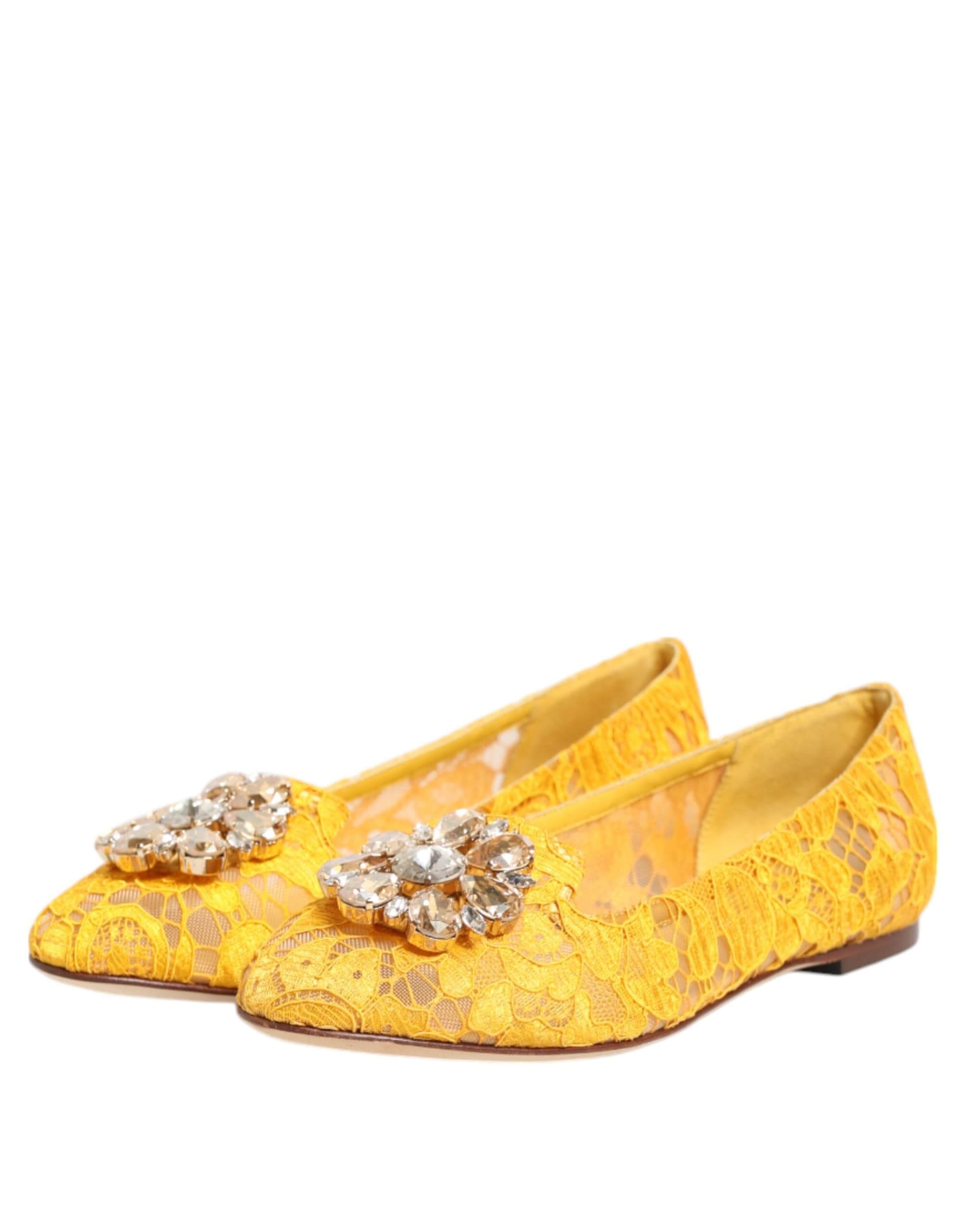 Dolce & Gabbana Yellow Taormina Lace Crystals Flats Shoes - 3