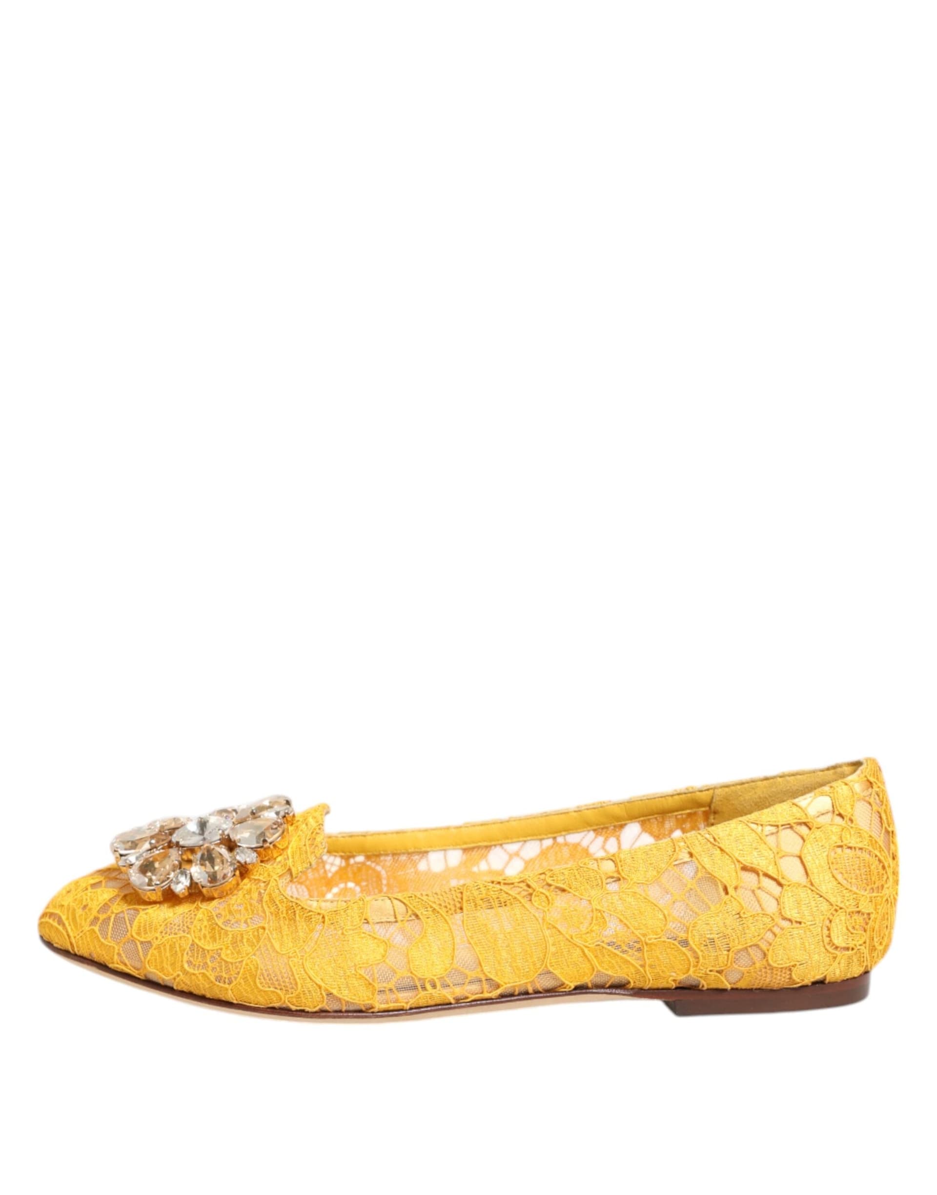 Dolce & Gabbana Yellow Taormina Lace Crystals Flats Shoes - 5