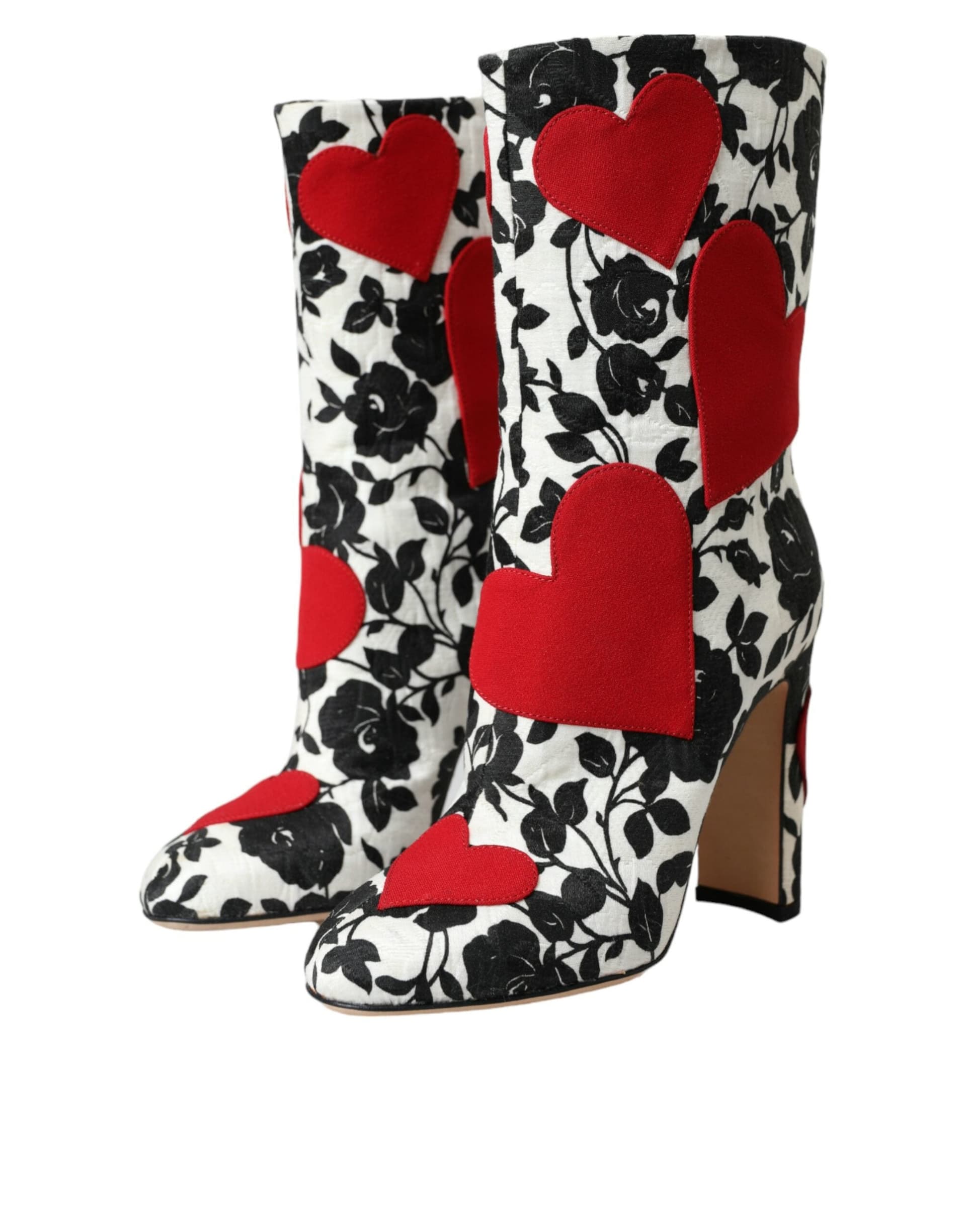 Dolce & Gabbana White Floral Hearts Leather High Boots Shoes - 2