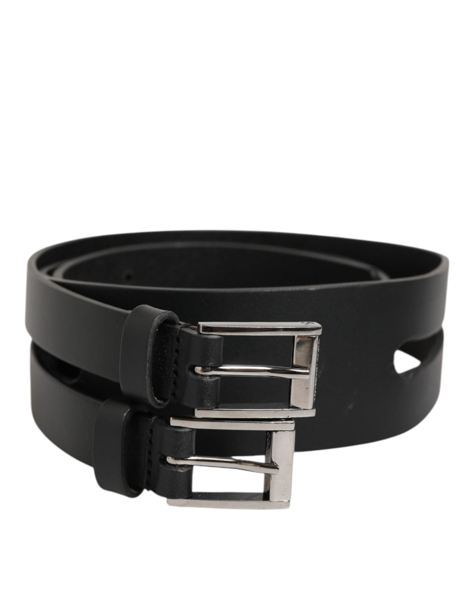Dolce & Gabbana Black Double Strap Leather Silver Buckle Belt - 2
