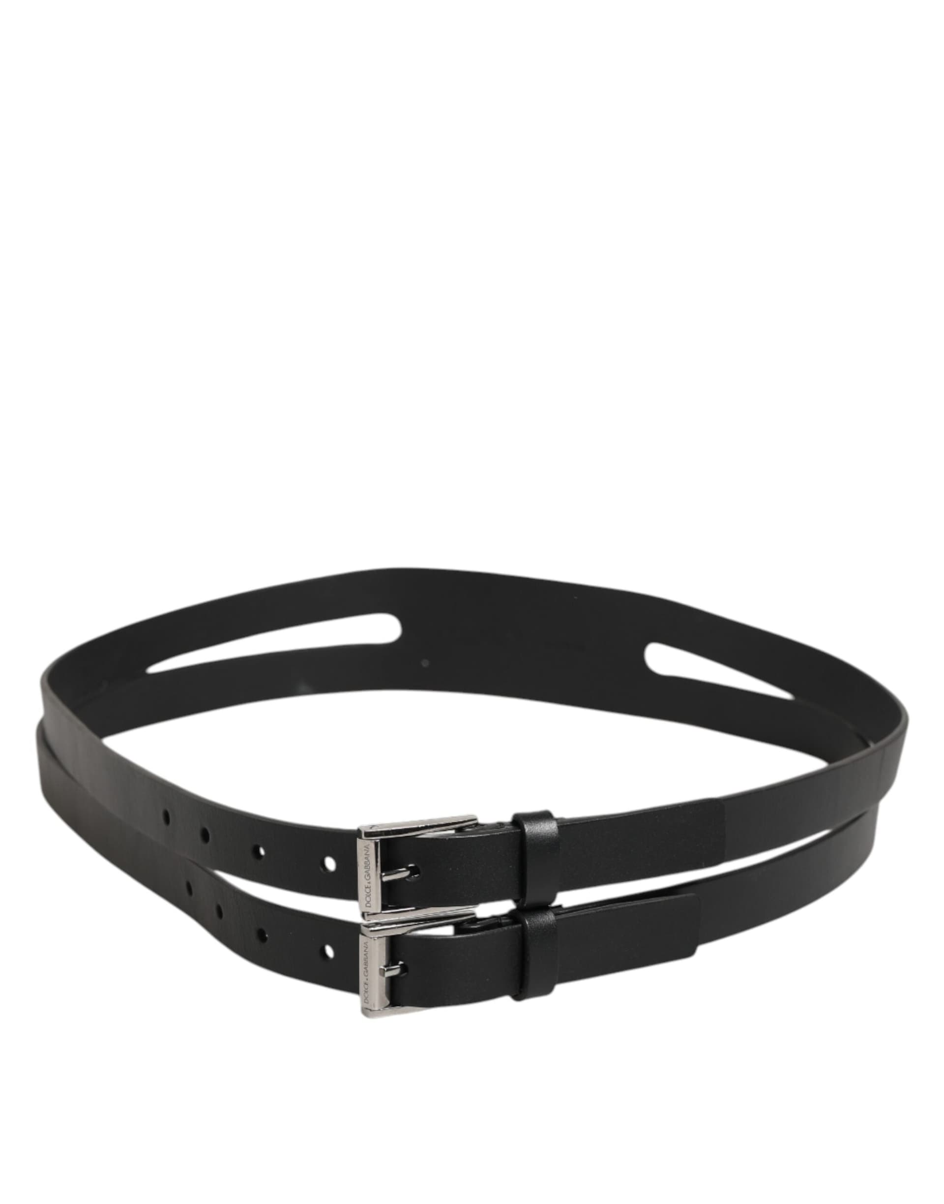 Dolce & Gabbana Black Double Strap Leather Silver Buckle Belt - 5