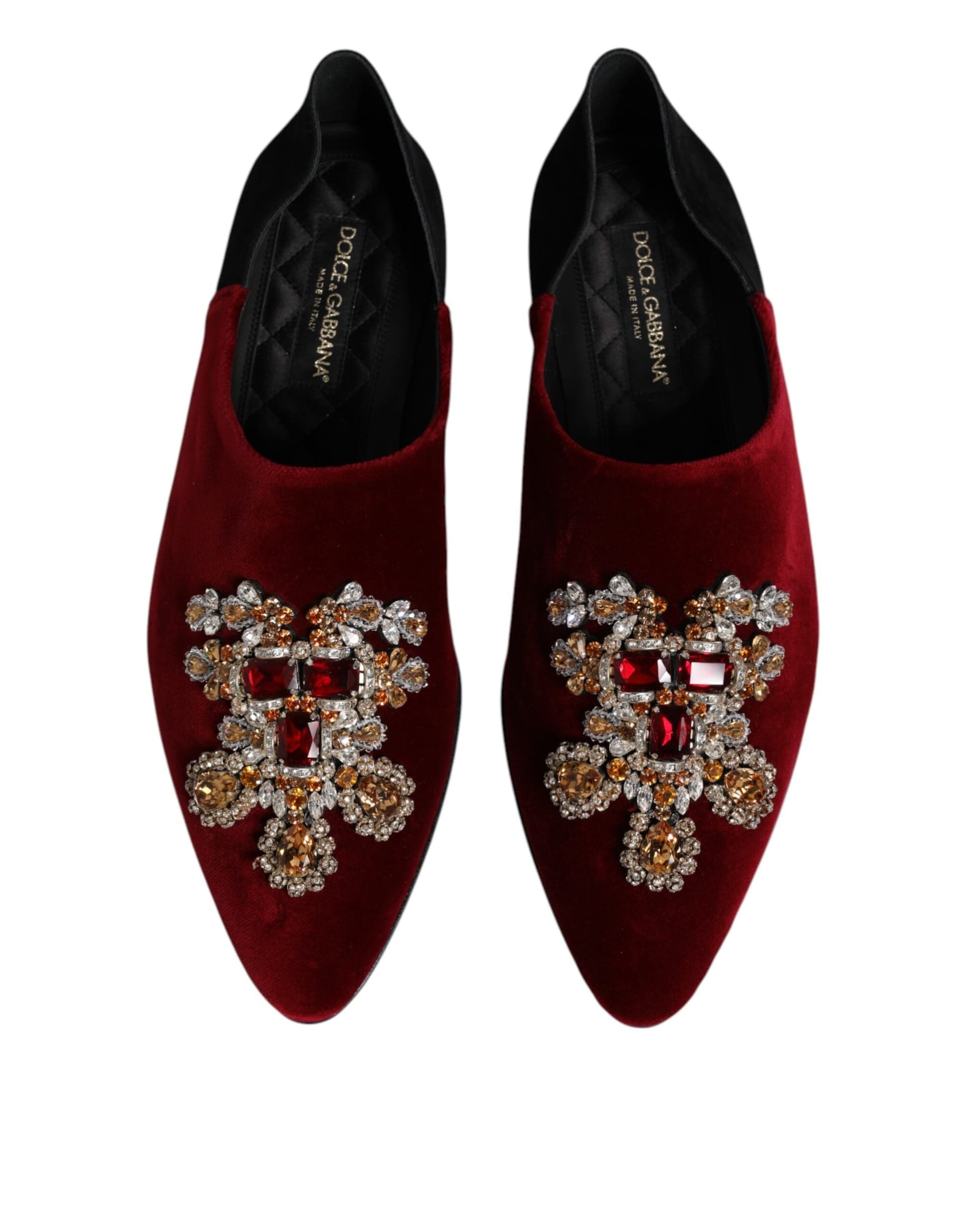 Dolce & Gabbana Black Red Velvet Embellished Slip On Shoes - 2