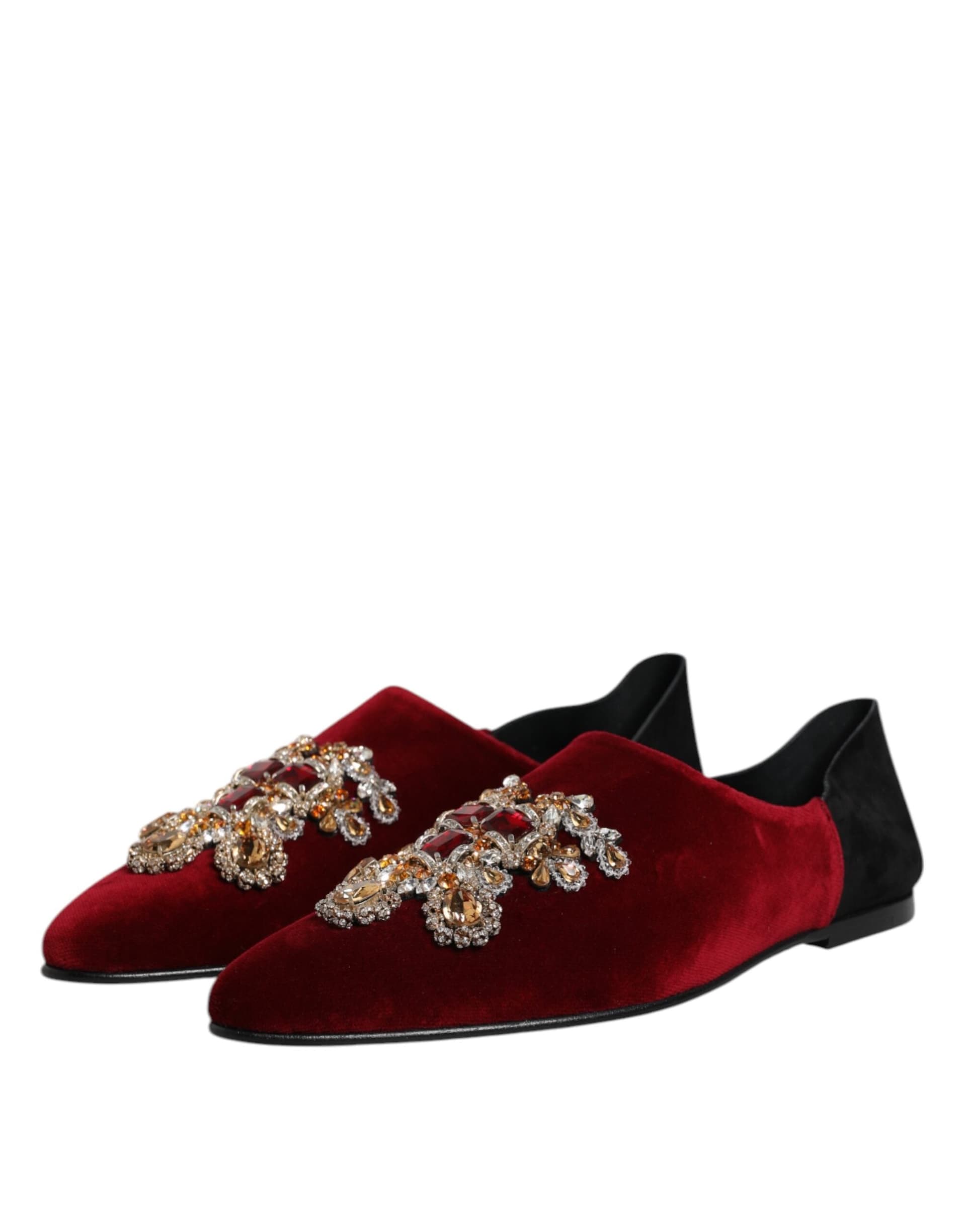 Dolce & Gabbana Black Red Velvet Embellished Slip On Shoes - 3