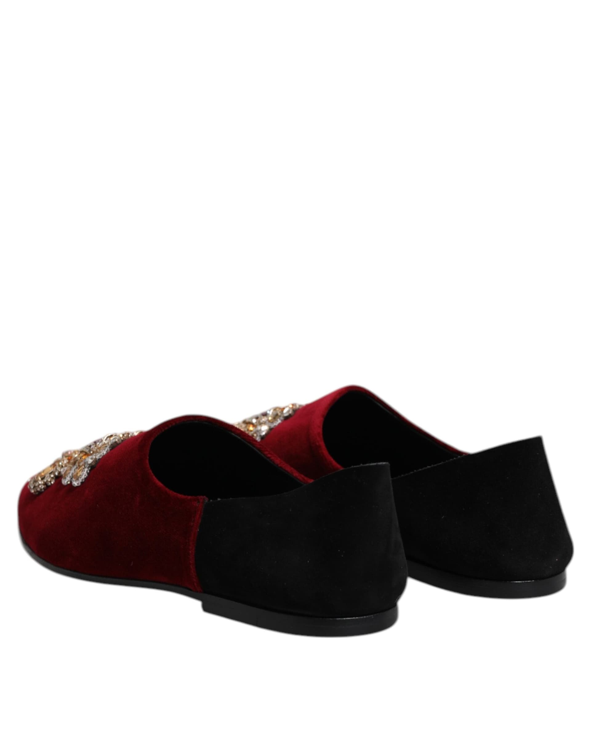 Dolce & Gabbana Black Red Velvet Embellished Slip On Shoes - 4