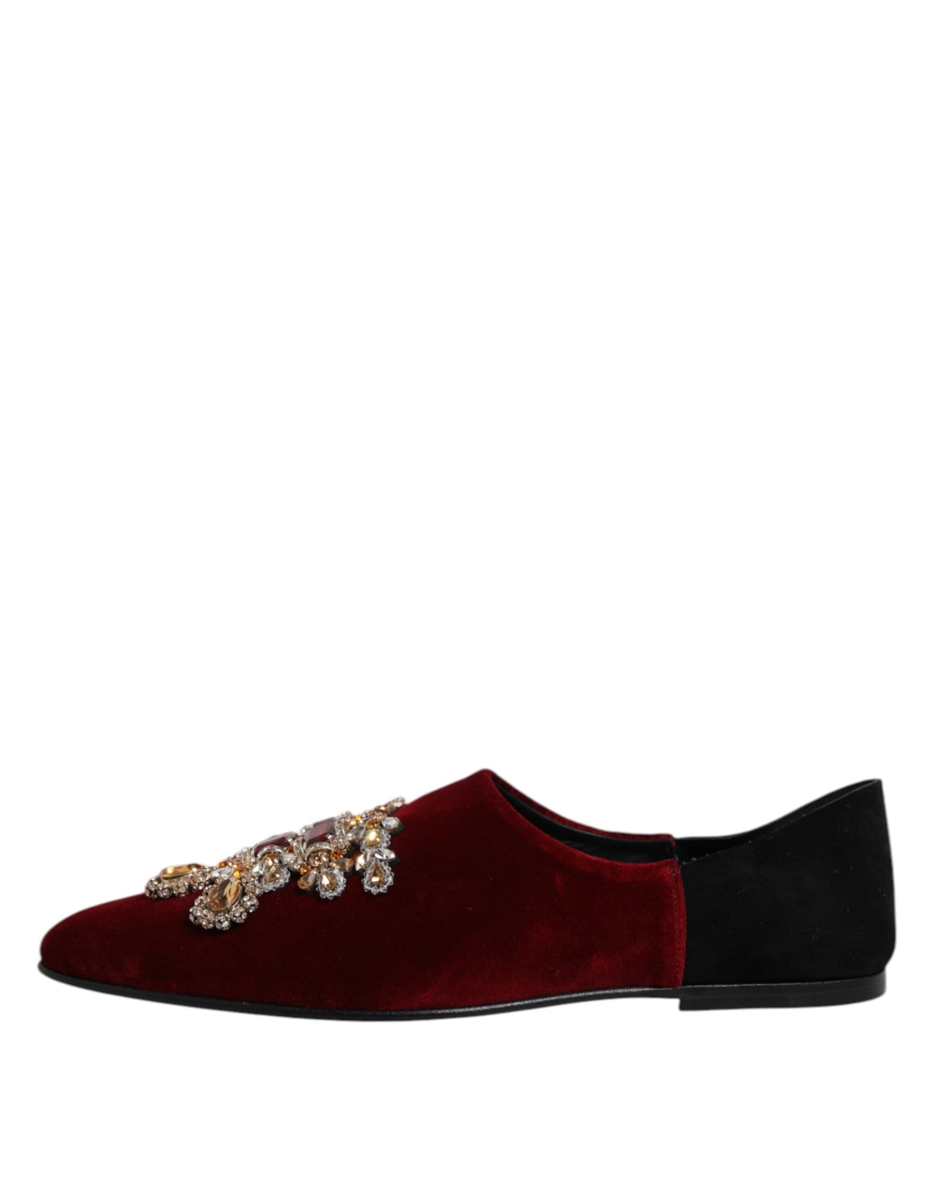 Dolce & Gabbana Black Red Velvet Embellished Slip On Shoes - 5