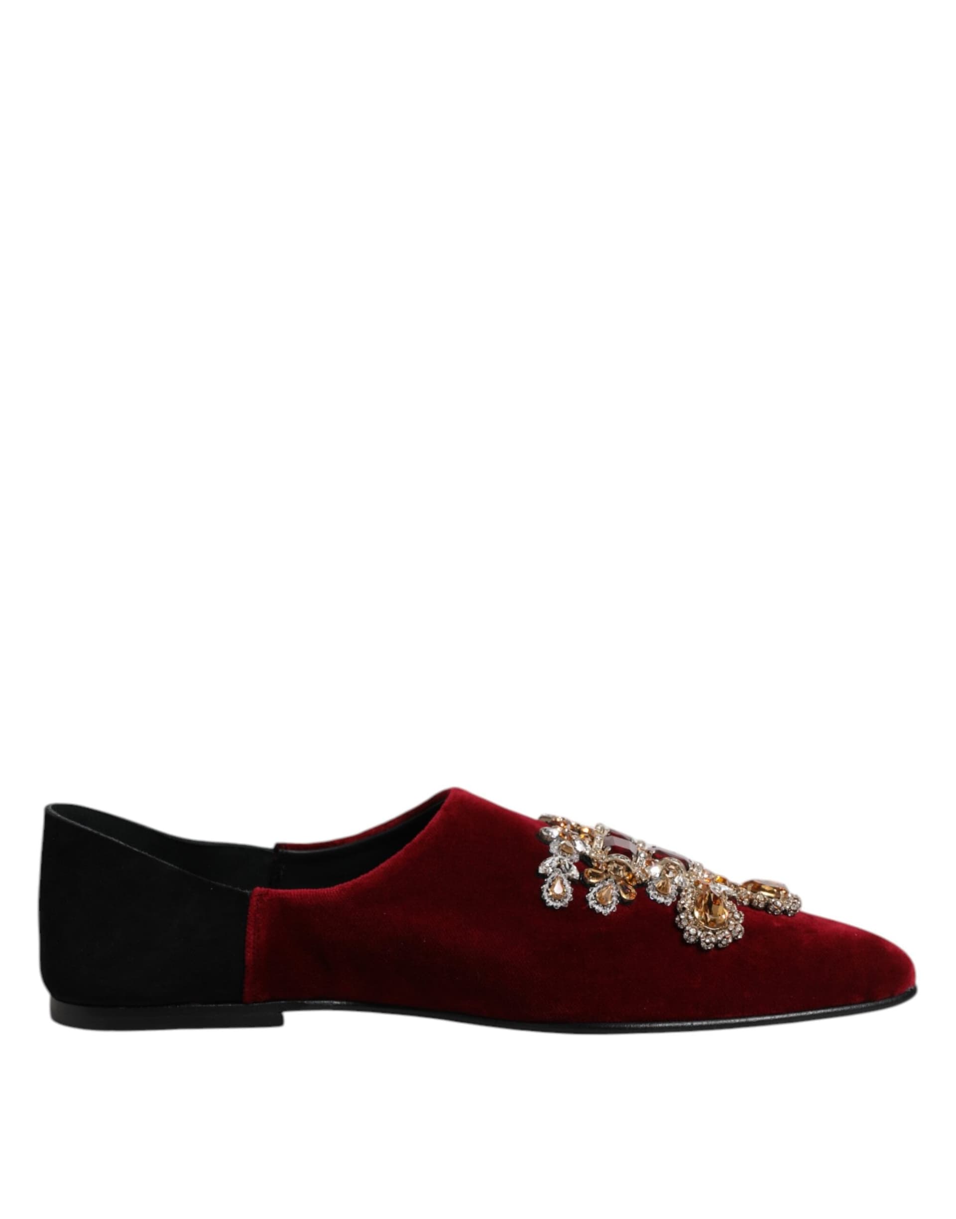 Dolce & Gabbana Black Red Velvet Embellished Slip On Shoes - 7