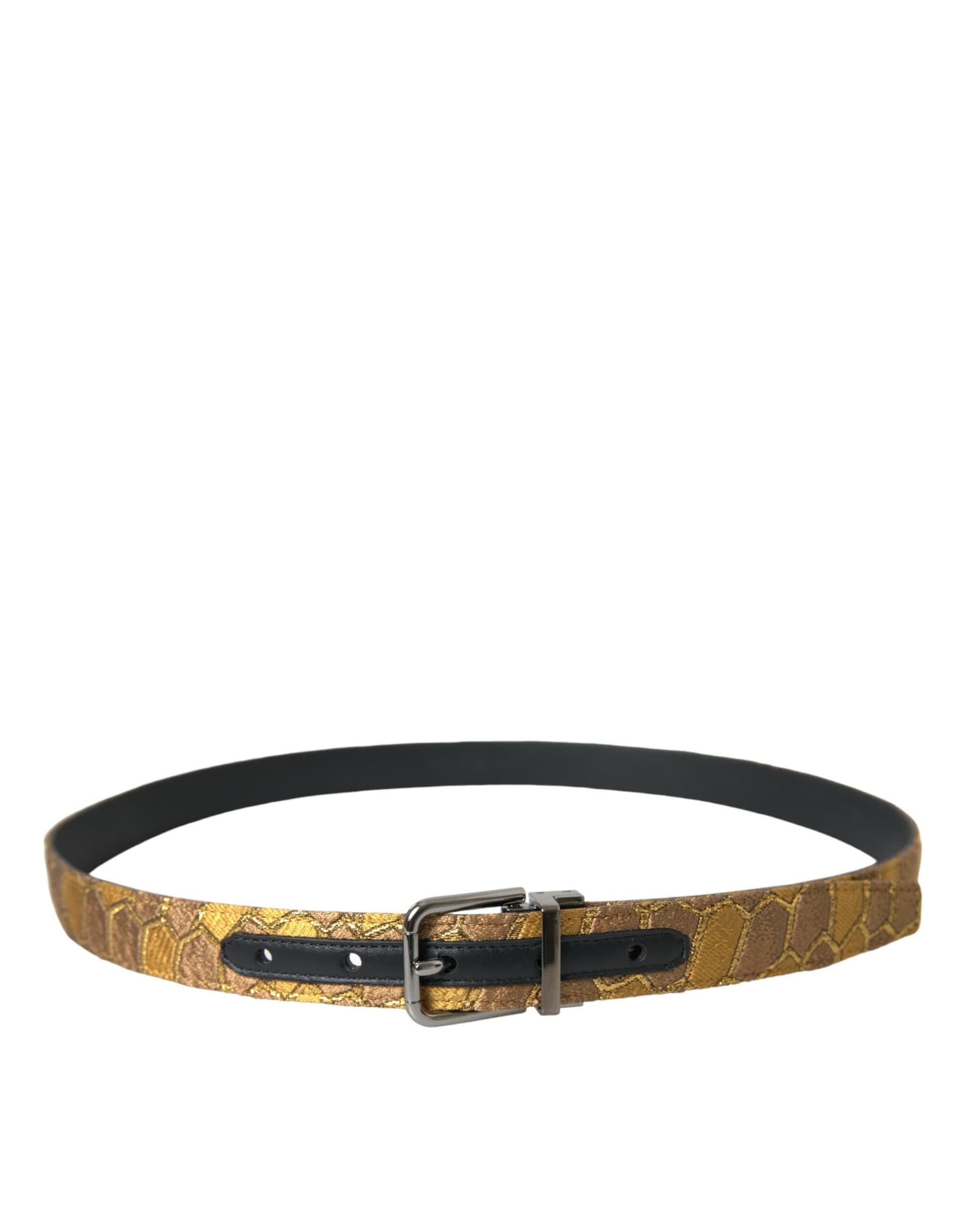 Dolce & Gabbana Gold Leather Jacquard Silver Metal Buckle Belt - 2