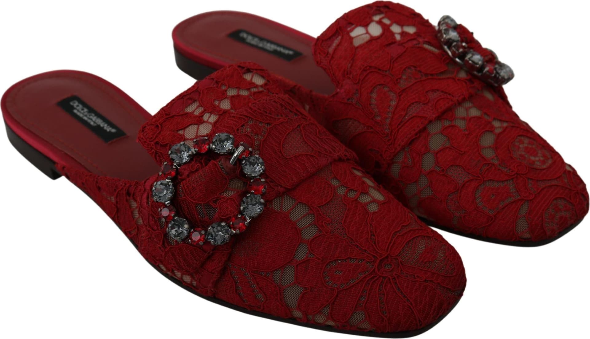 Dolce & Gabbana Red Lace Crystal Slide On Flats Shoes - 2