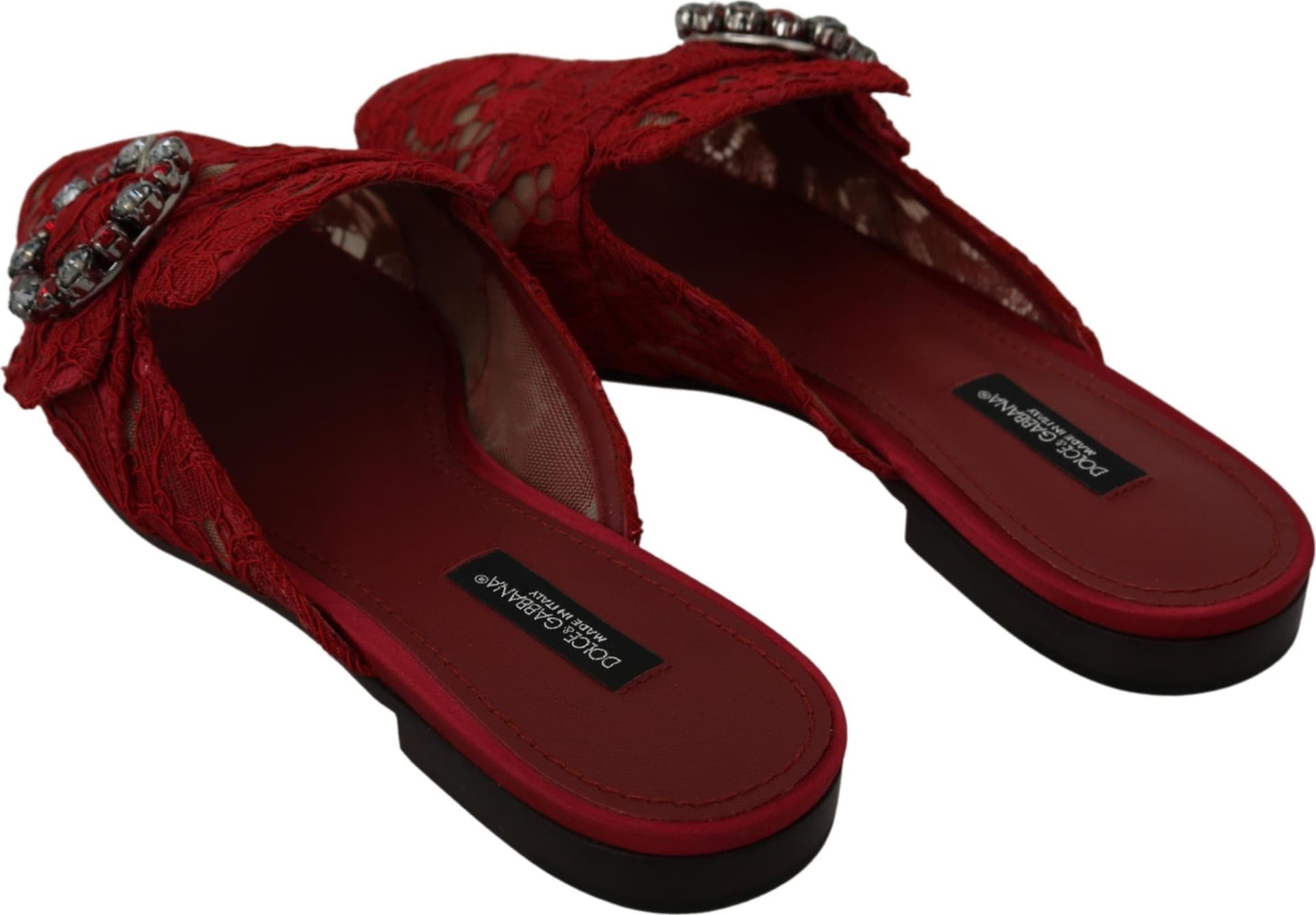 Dolce & Gabbana Red Lace Crystal Slide On Flats Shoes - 3