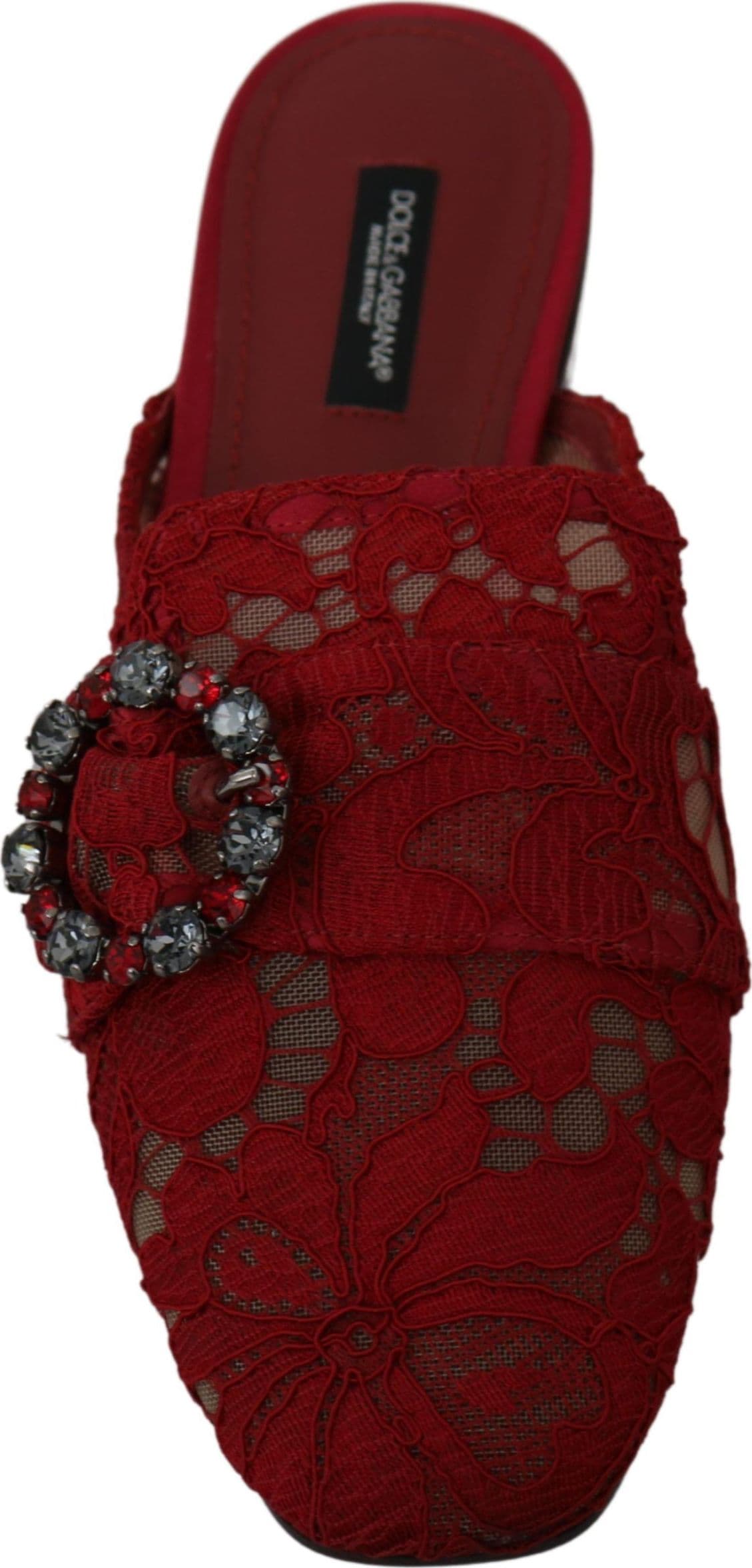 Dolce & Gabbana Red Lace Crystal Slide On Flats Shoes - 7