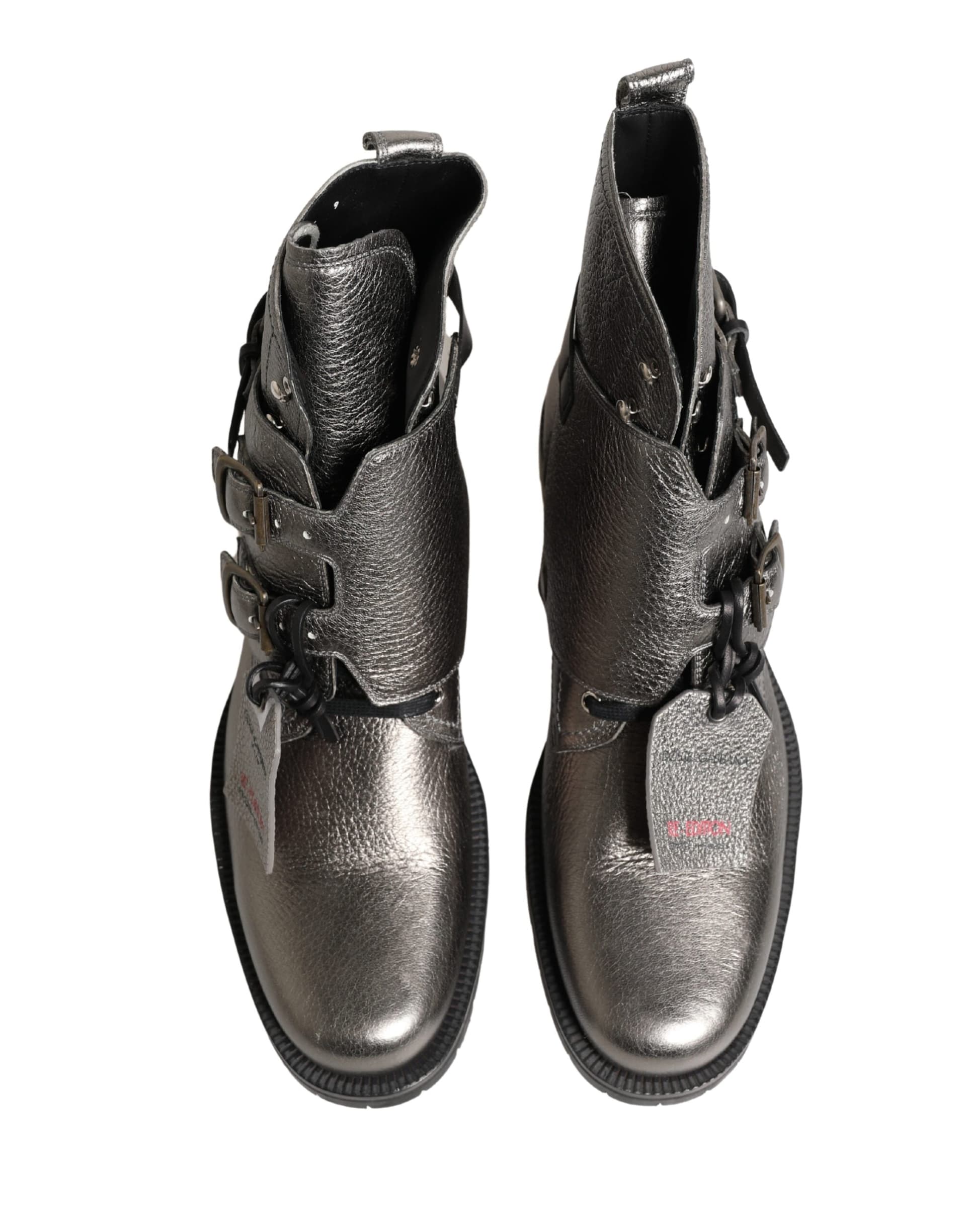 Dolce & Gabbana Metallic Silver Leather Buckle Ankle Boots Shoes - 2